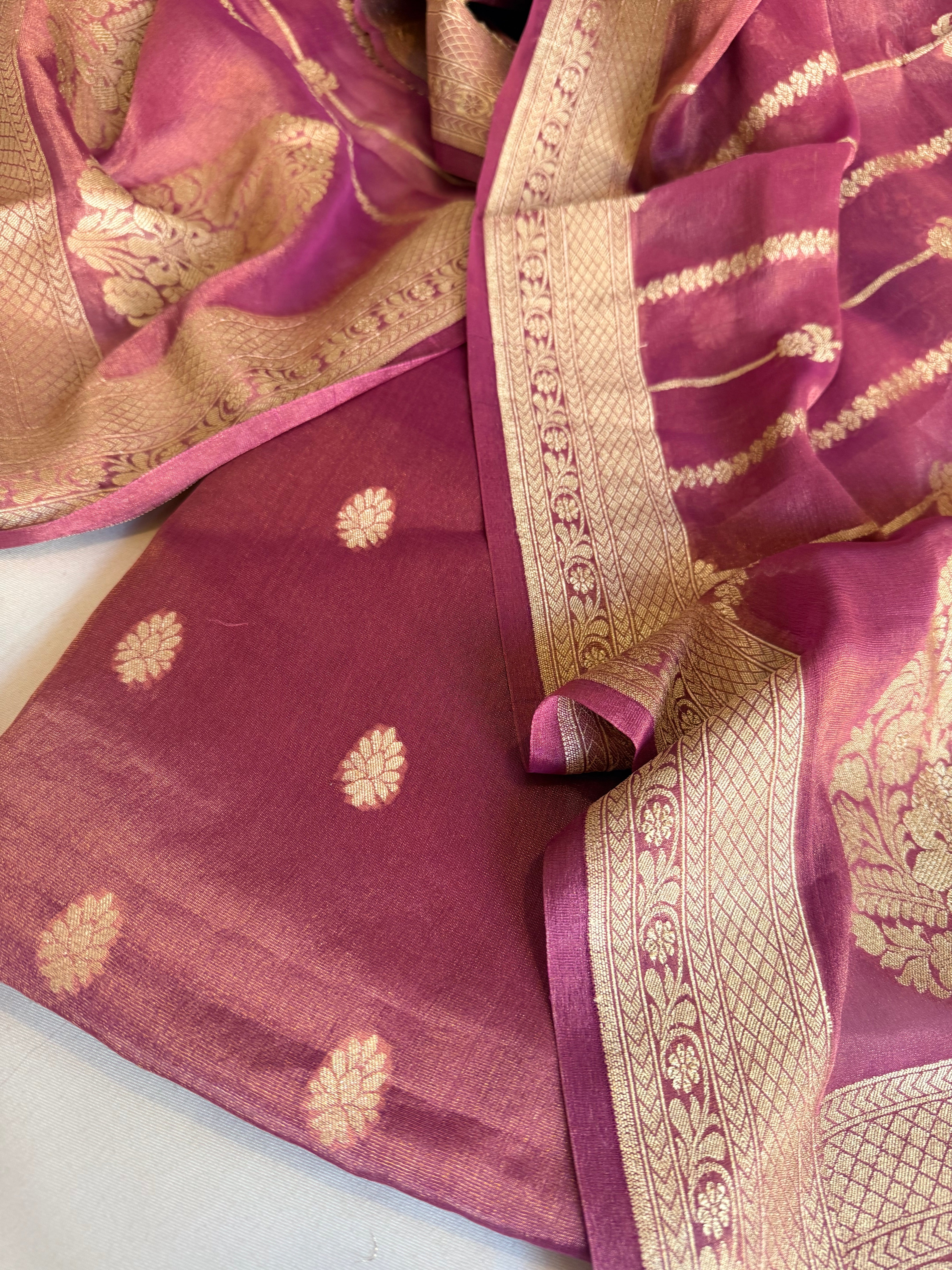 Deep purple banarasi tissue gorgette kadhwa suit set