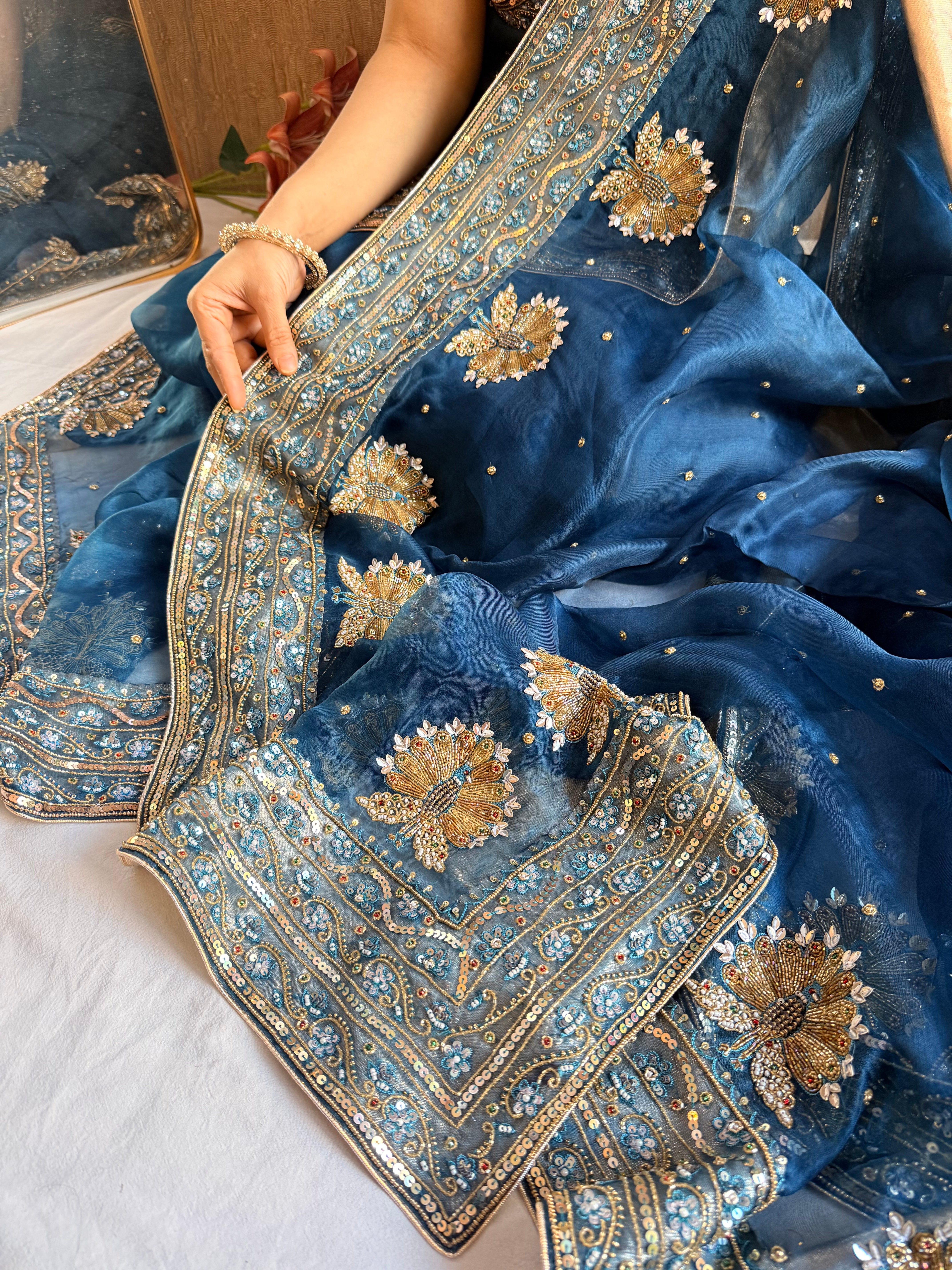 Morpankh edit - Peacock blue kora silk zardozi hand embroidered mor motif saree