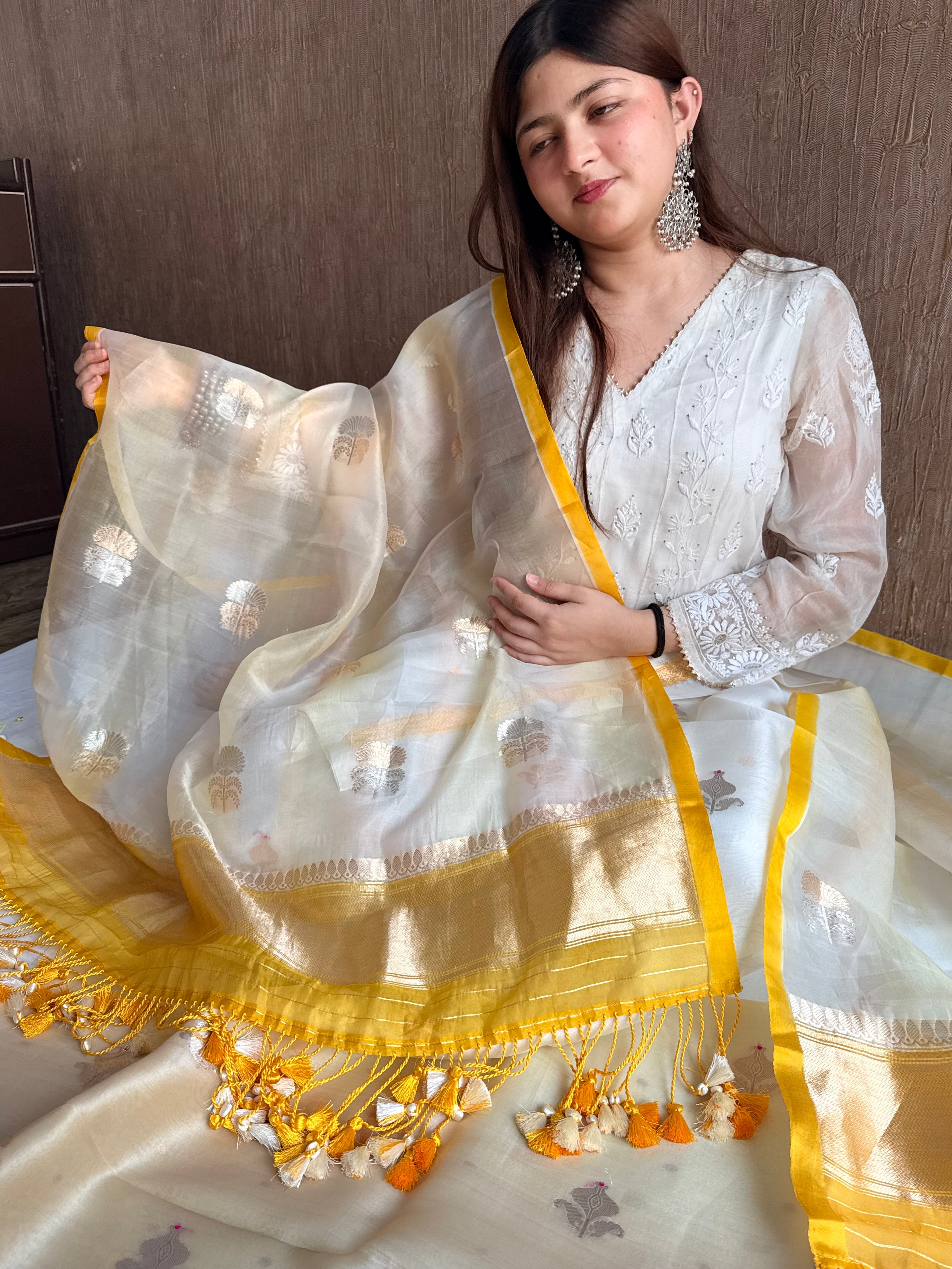 Pastel shaded kora silk rainbow dye kadhwa banarasi suit set