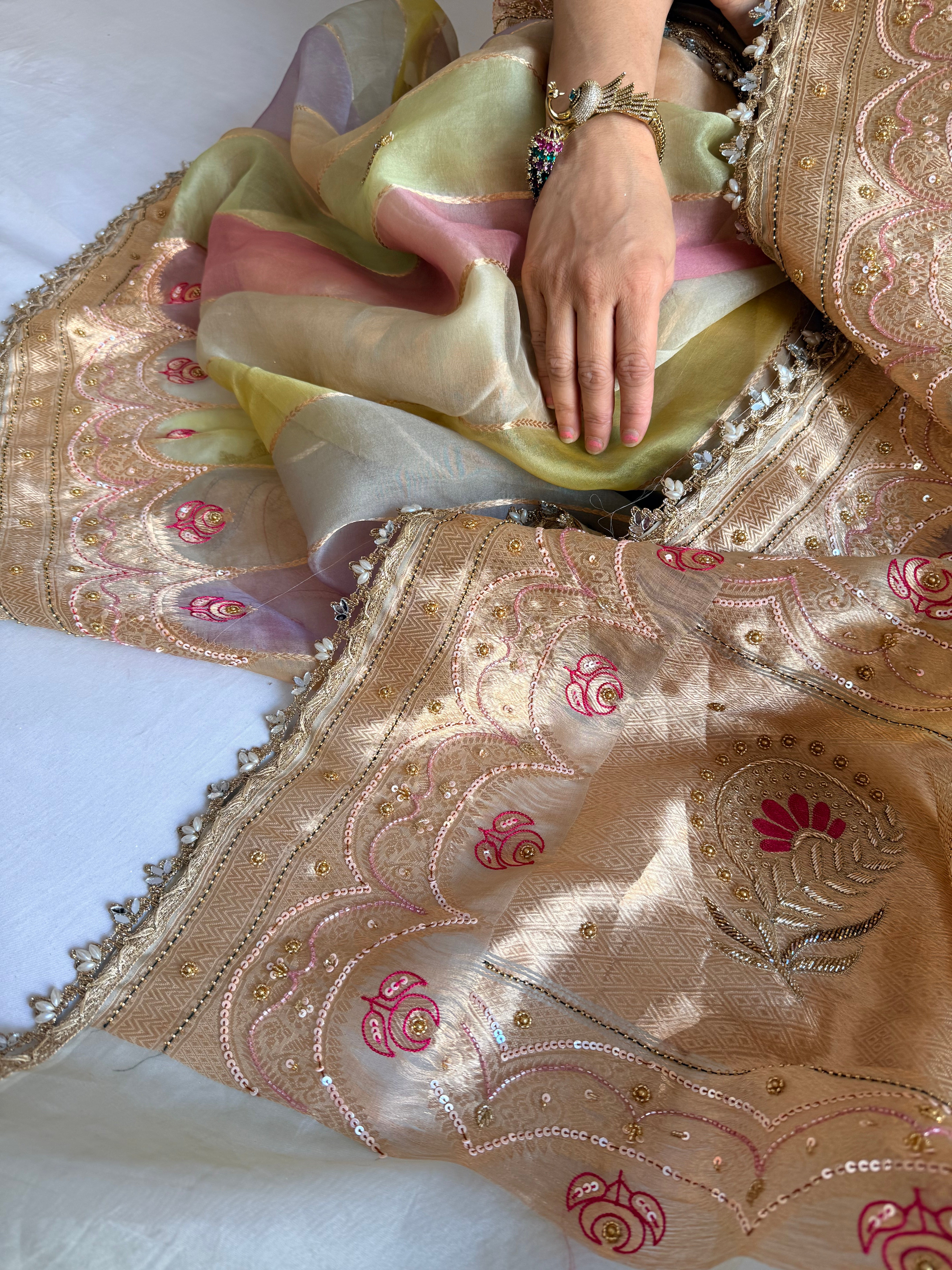 Rang birangi edit - Striped kora silk hand embroidered rangkaat saree