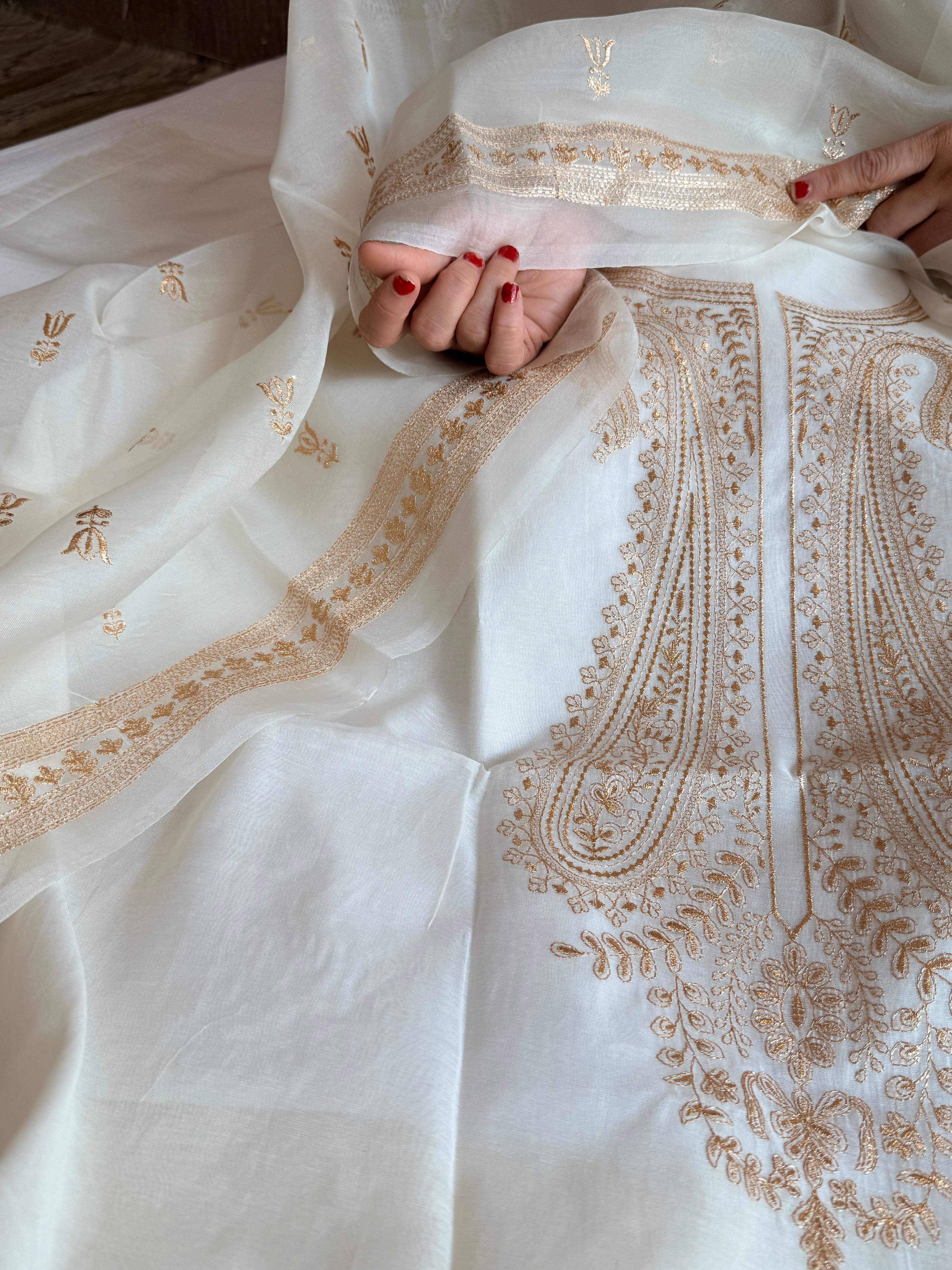 Mul cotton aariwork hand embroidered banarasi suit set