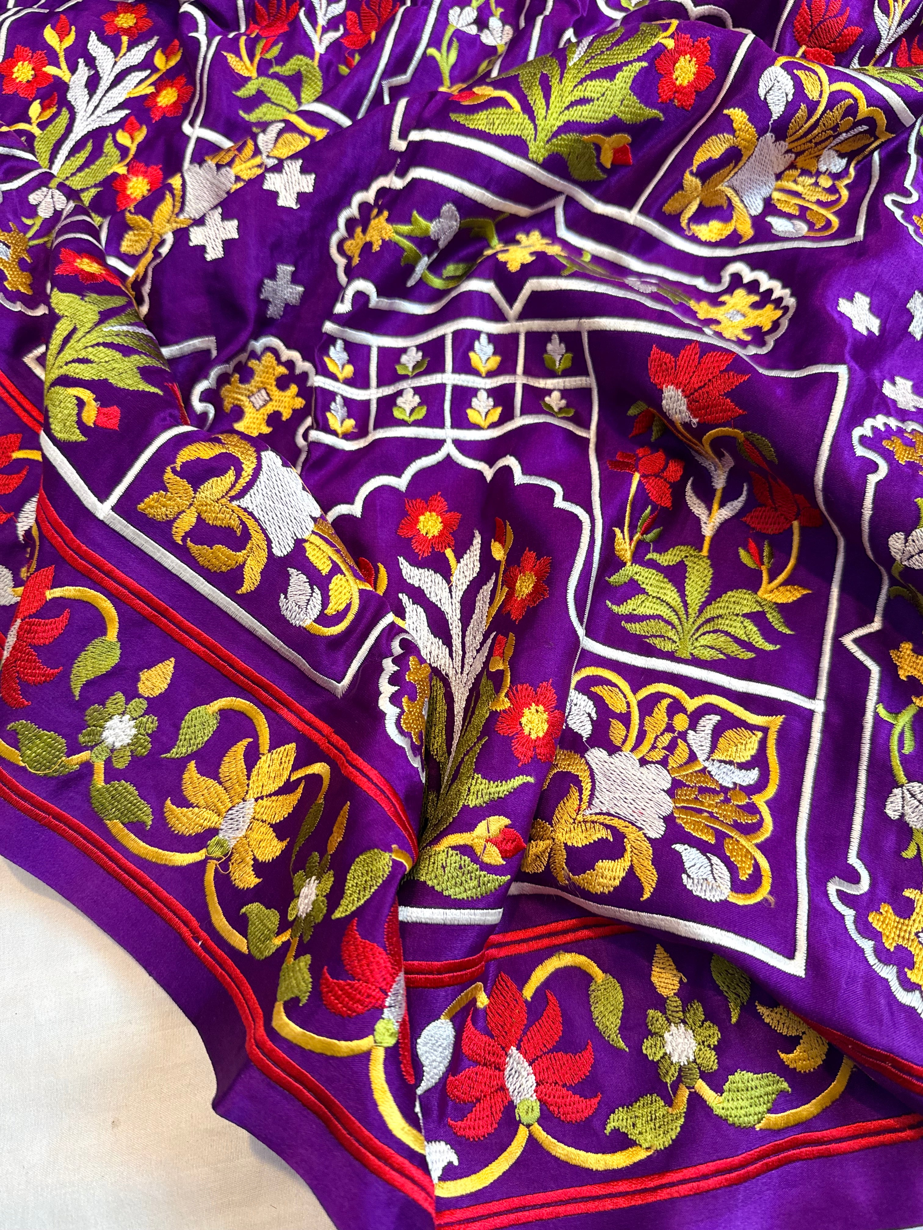 Jamdani hand embroidered purple mashru silk thread embroidered saree