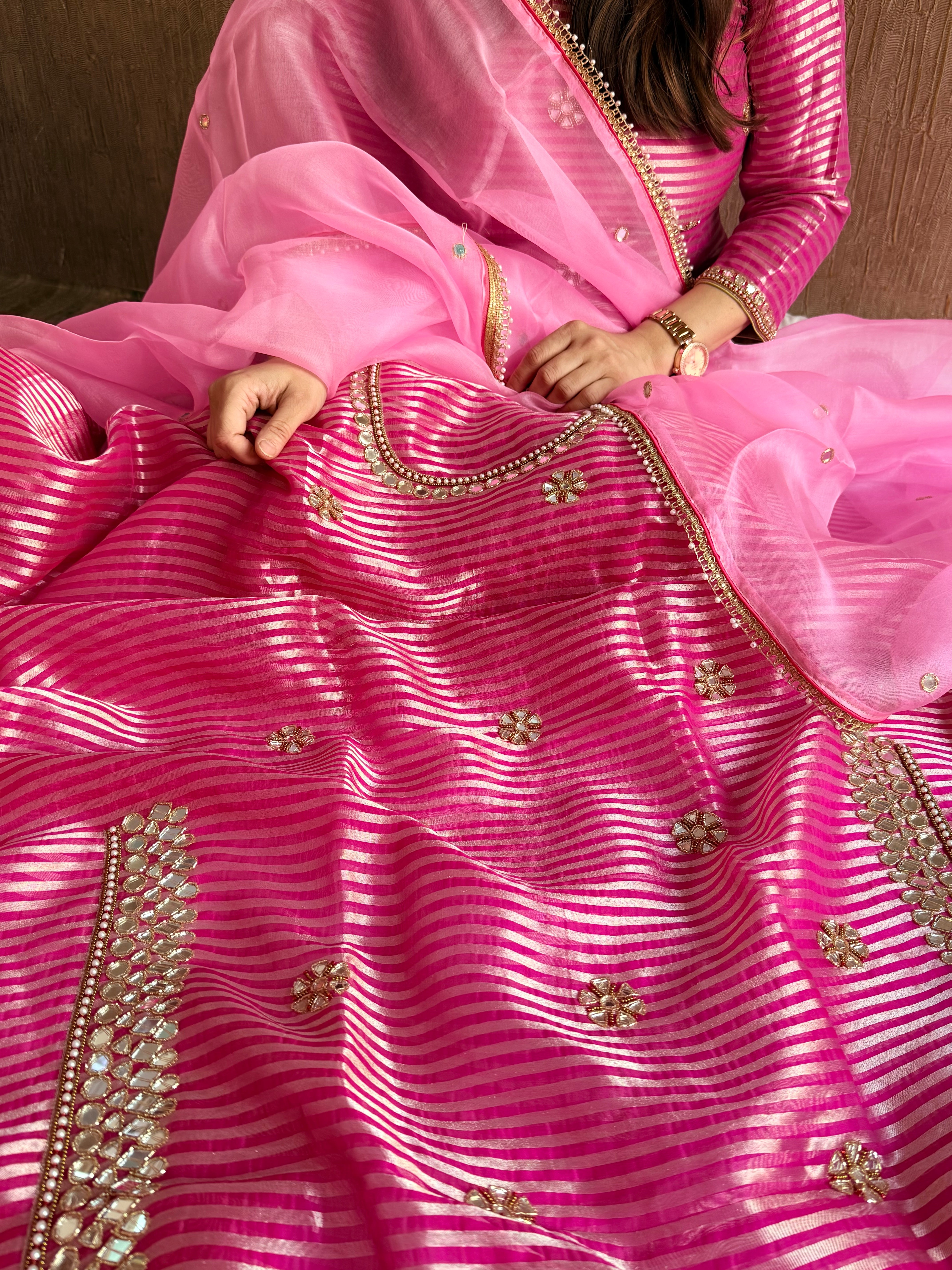 Kora silk silver zari striped mirror work edit hand embroidered kadhwa suit set