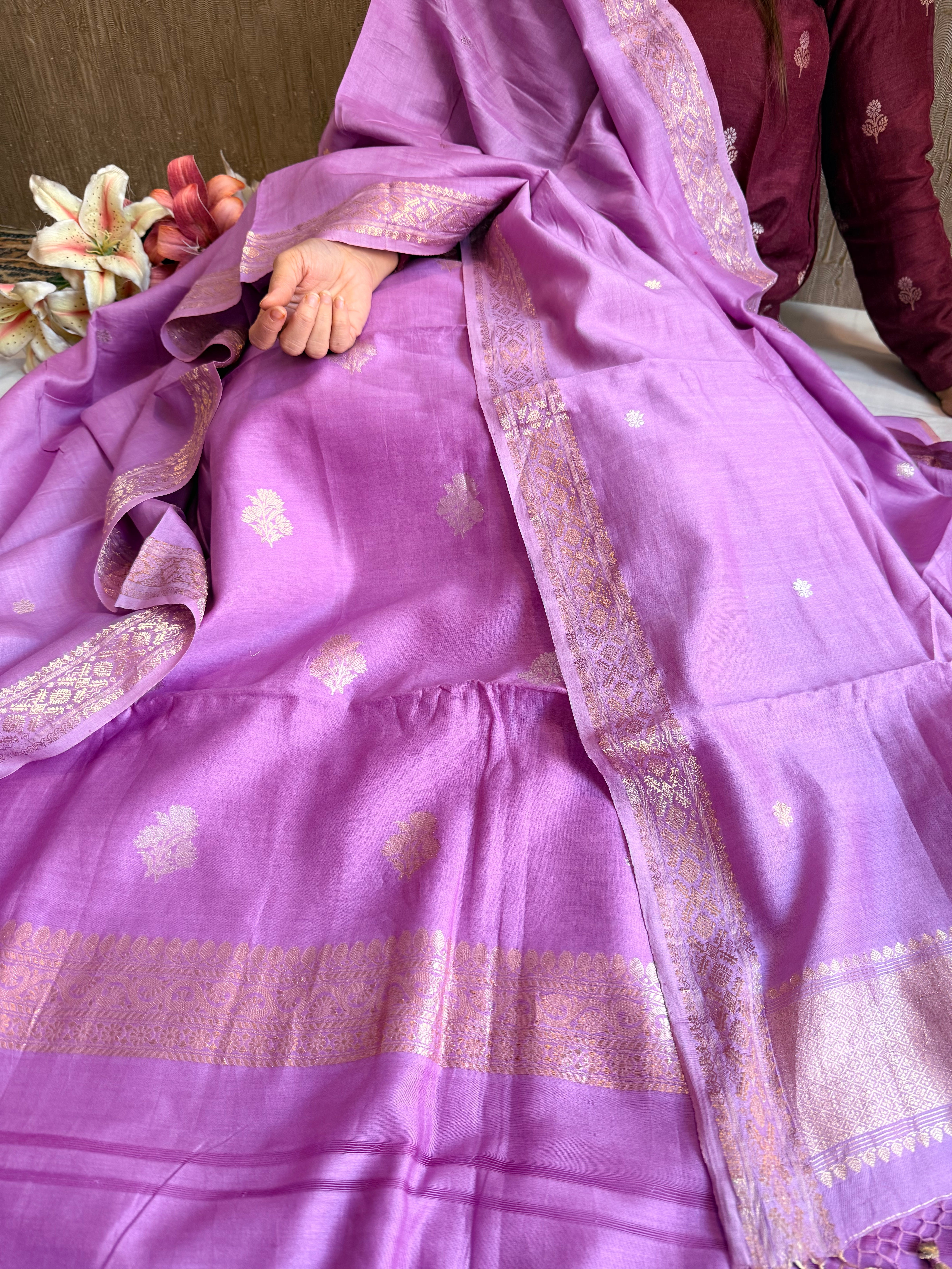 Mul cotton banarasi kadhwa buti dreamy lilac suit set
