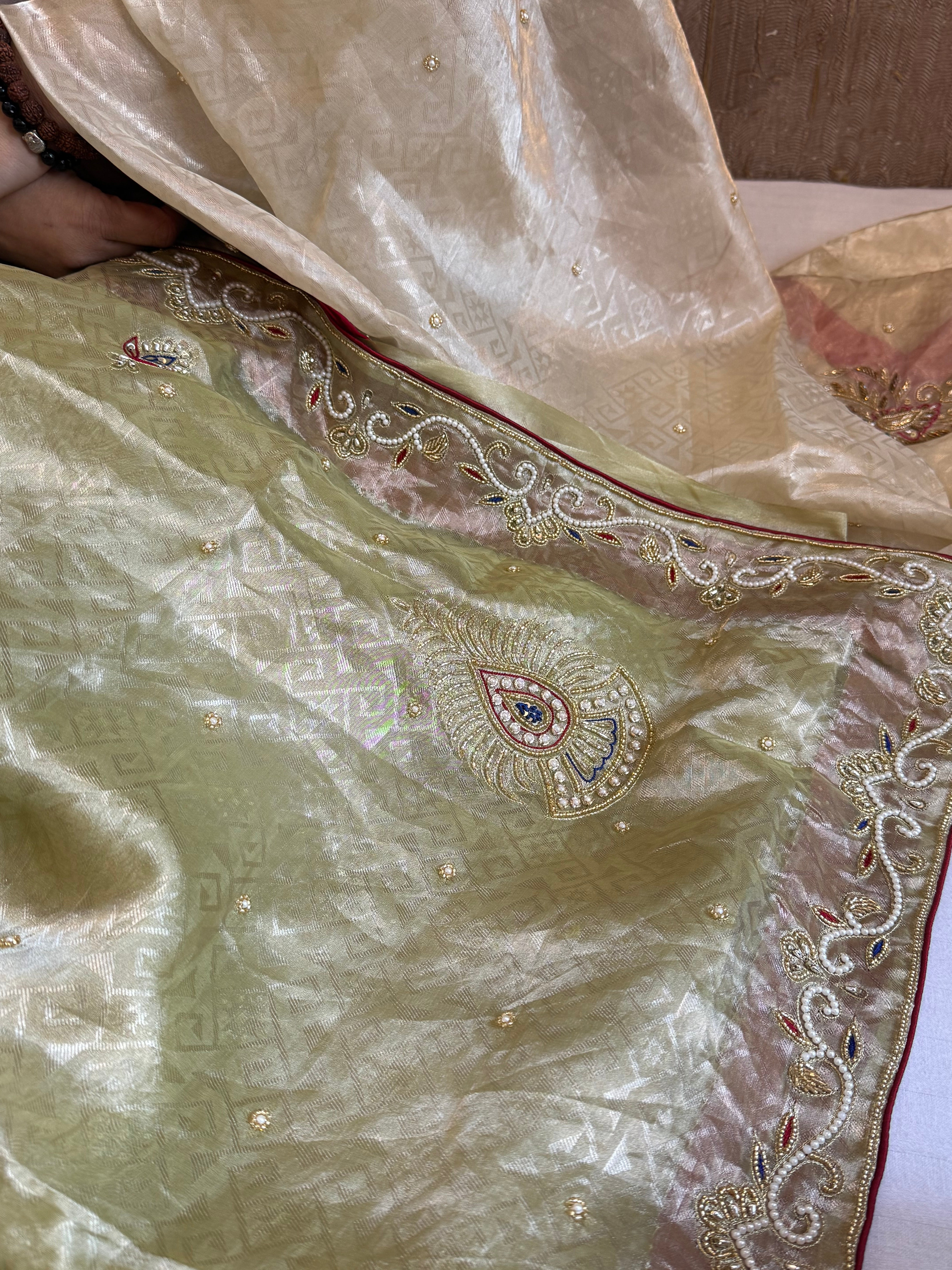 Pakeezah edit 2.0 - Mint green zardozi hand embroidered tissue silk kadhwa saree