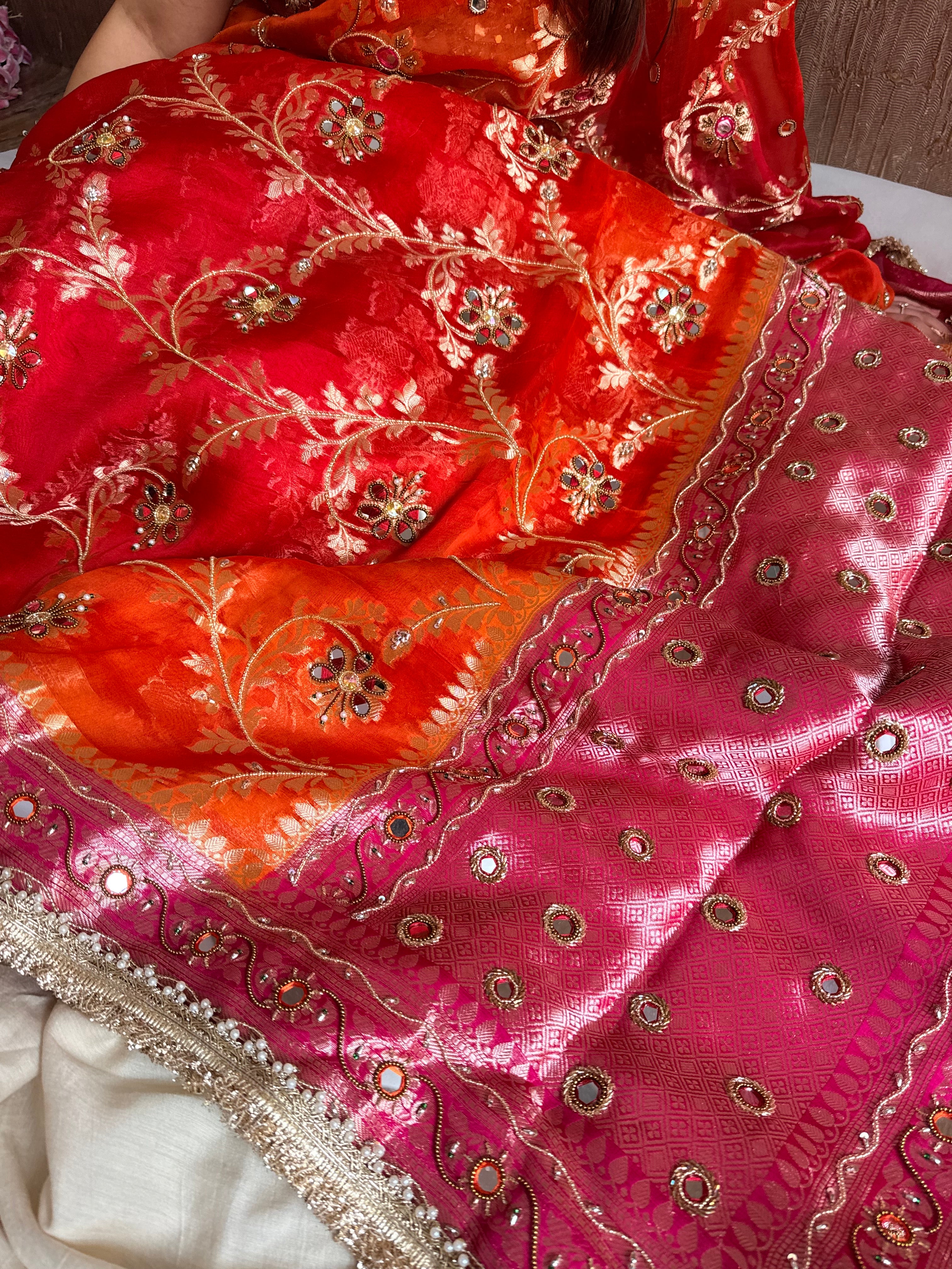 Kumkum edit jaalwork kora silk ombre shaded kadhwa saree