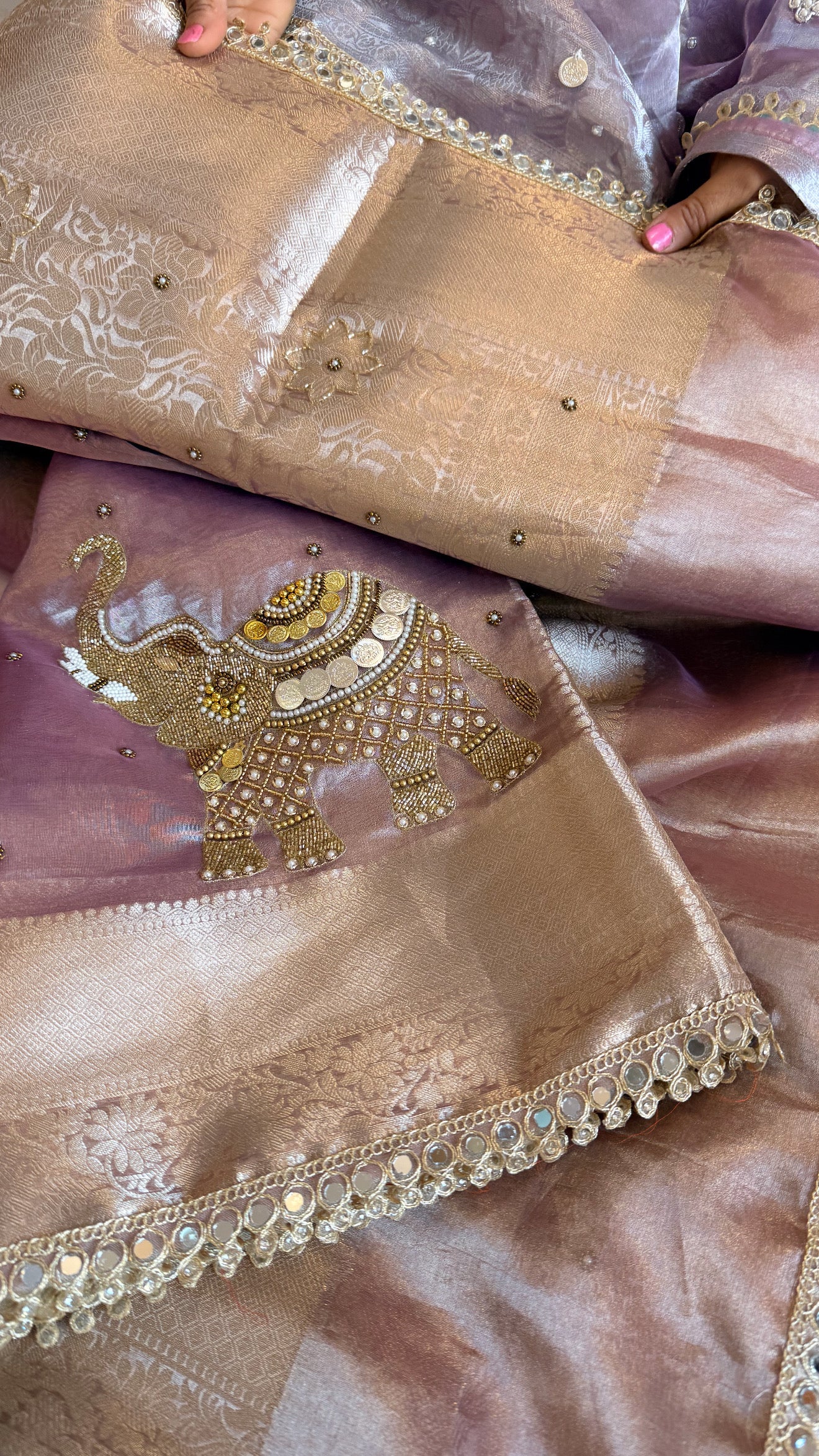 Gulabi jadau edit - Soft pink tissue silk jadau work hand embroidered saree