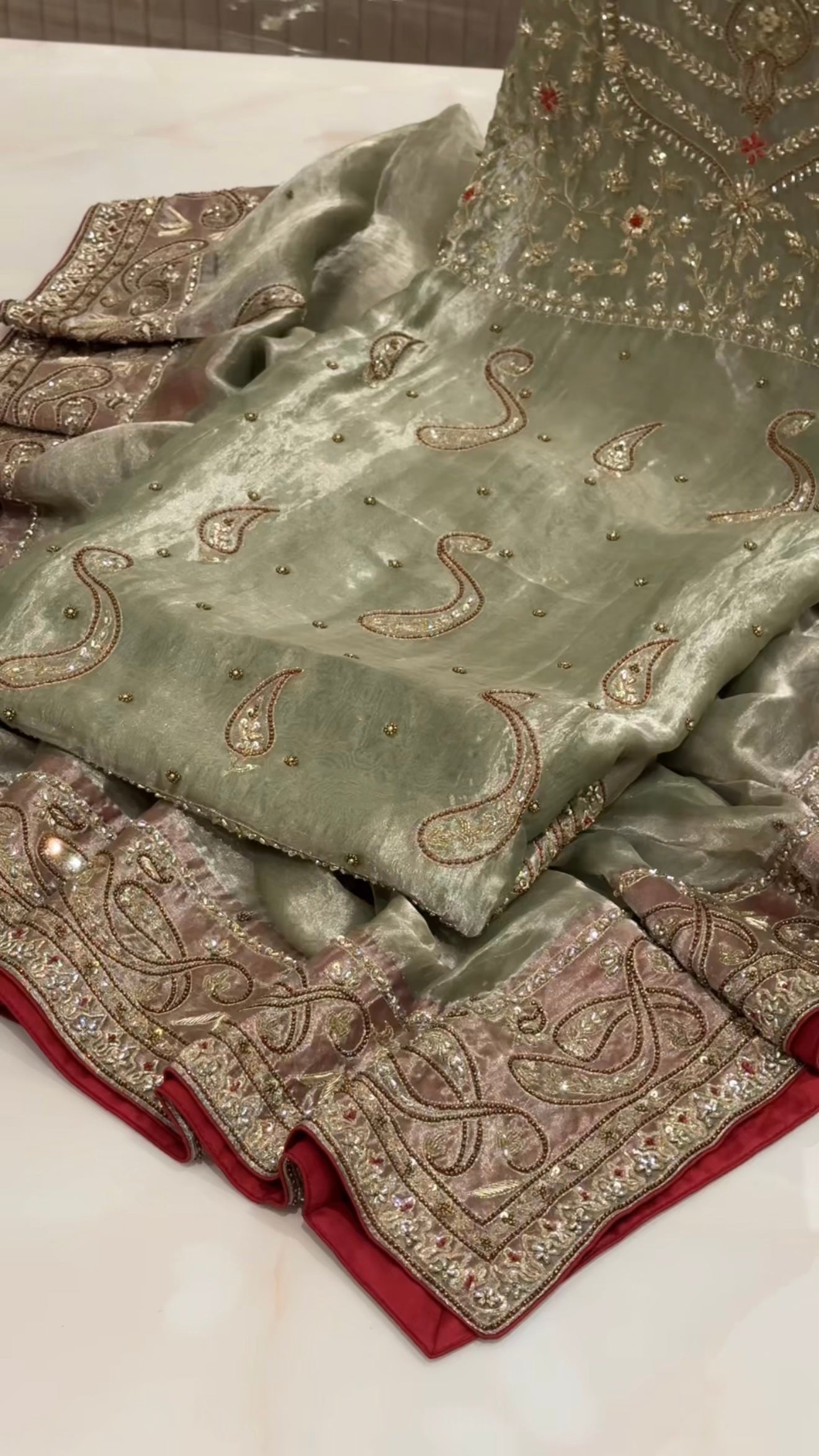 Umrao jaan inspired mint-red tissue silk hand embroidered kadhwa suit set