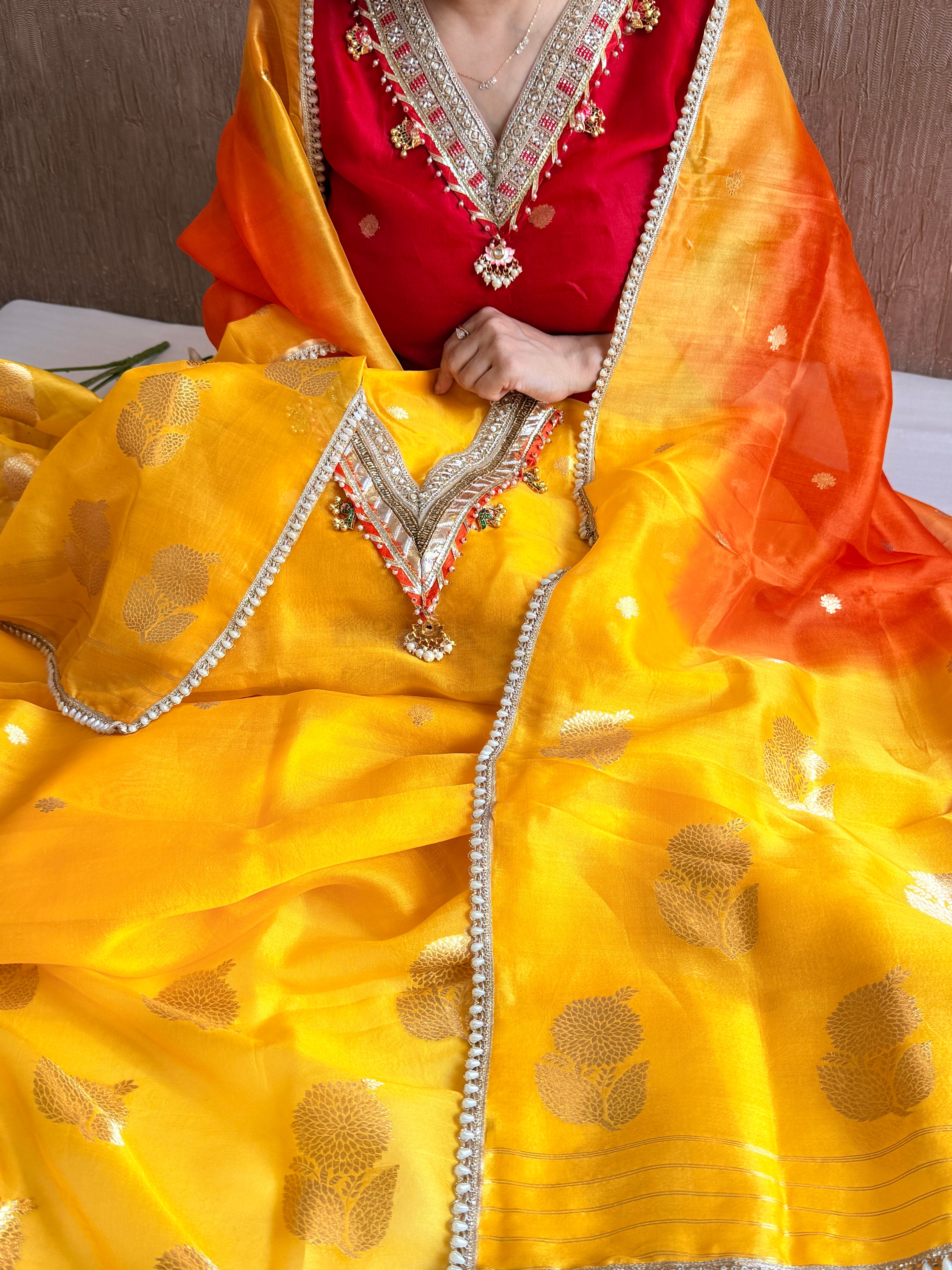 Punjabi kudi edit - Banarasi kora silk ghungroo and gotapatti suit sets