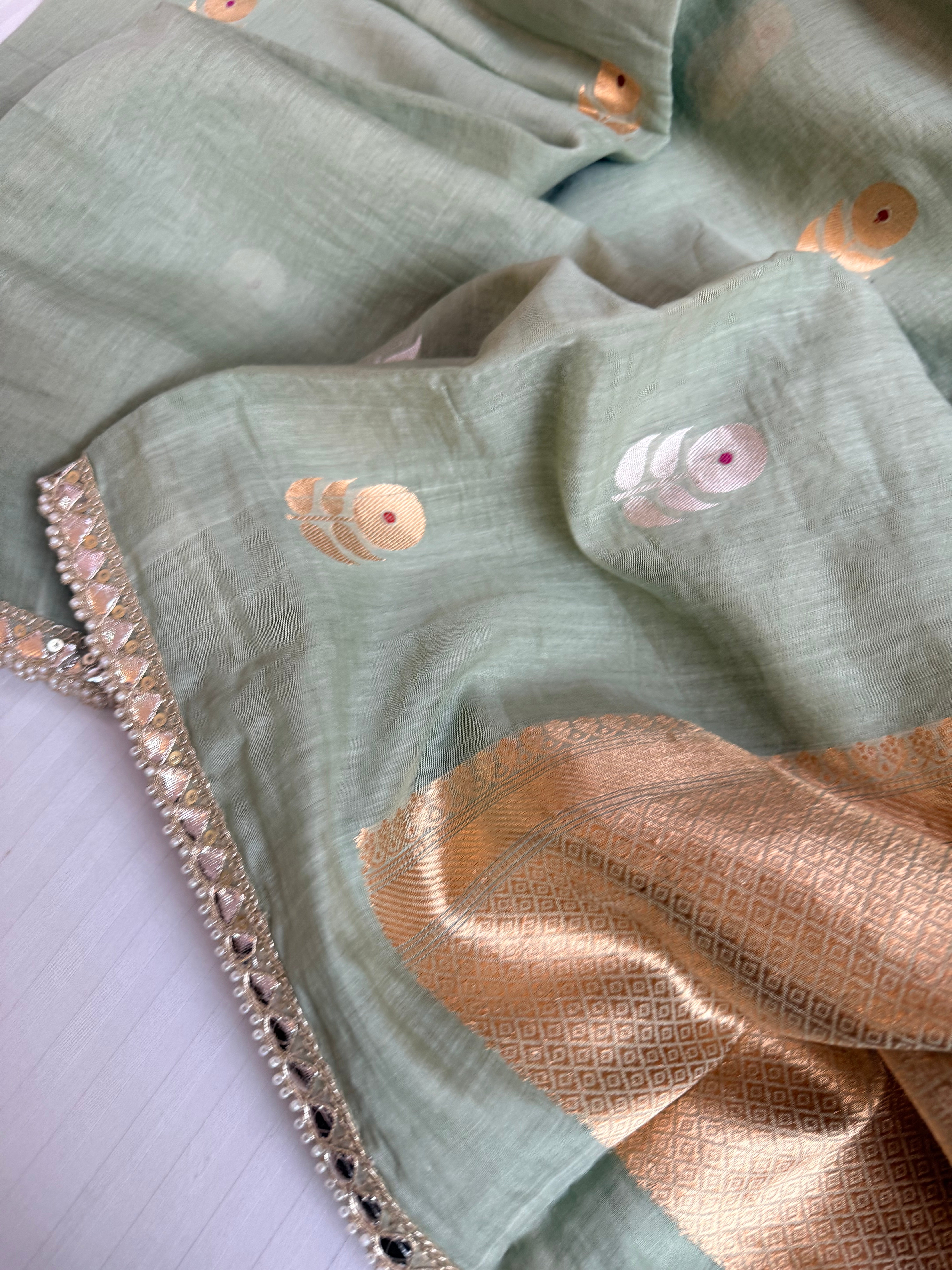 Handloom mulmul cotton silk saree with lampi gota border