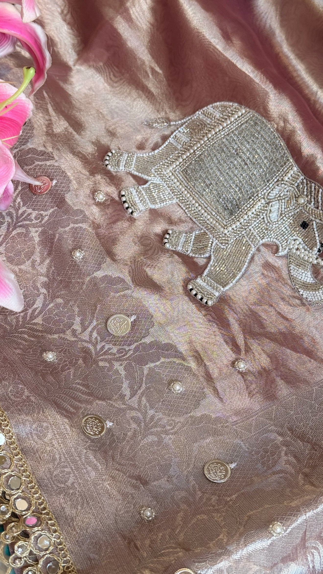 Gulabi jadau edit - Rose peach tissue silk jadau work hand embroidered saree