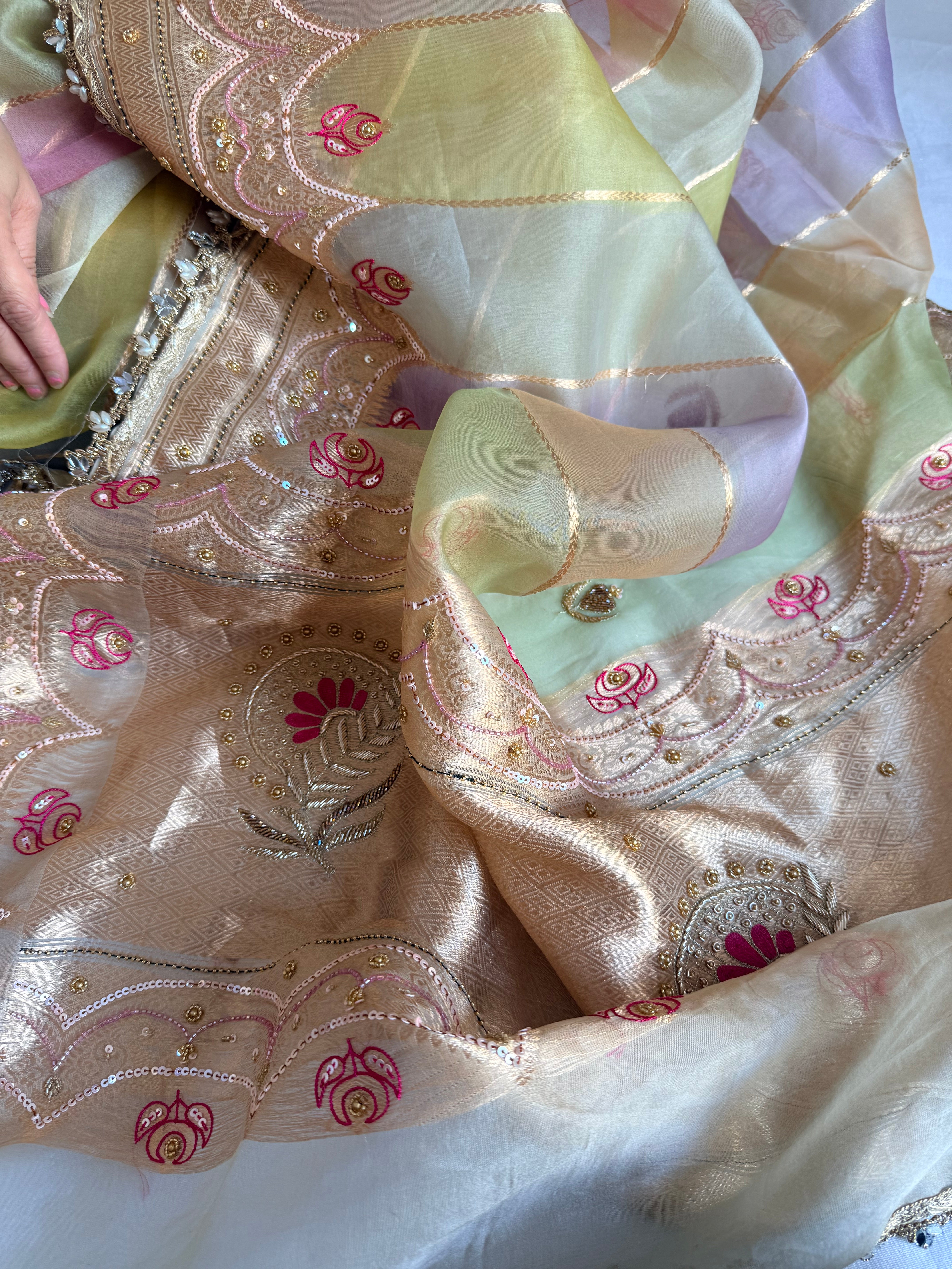 Rang birangi edit - Striped kora silk hand embroidered rangkaat saree