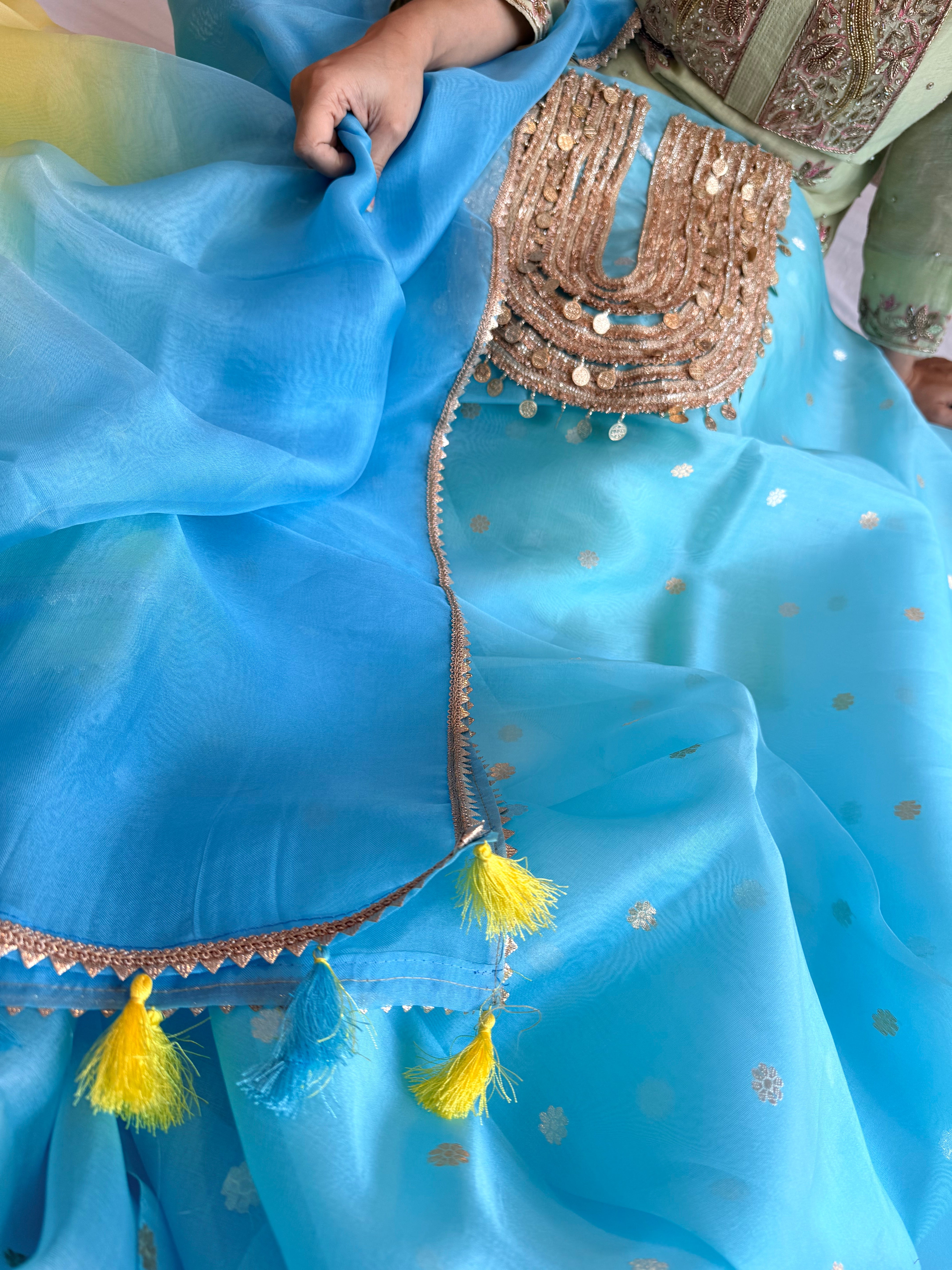 Coinwork banarasi kora silk firozi blue kadhwa suit set