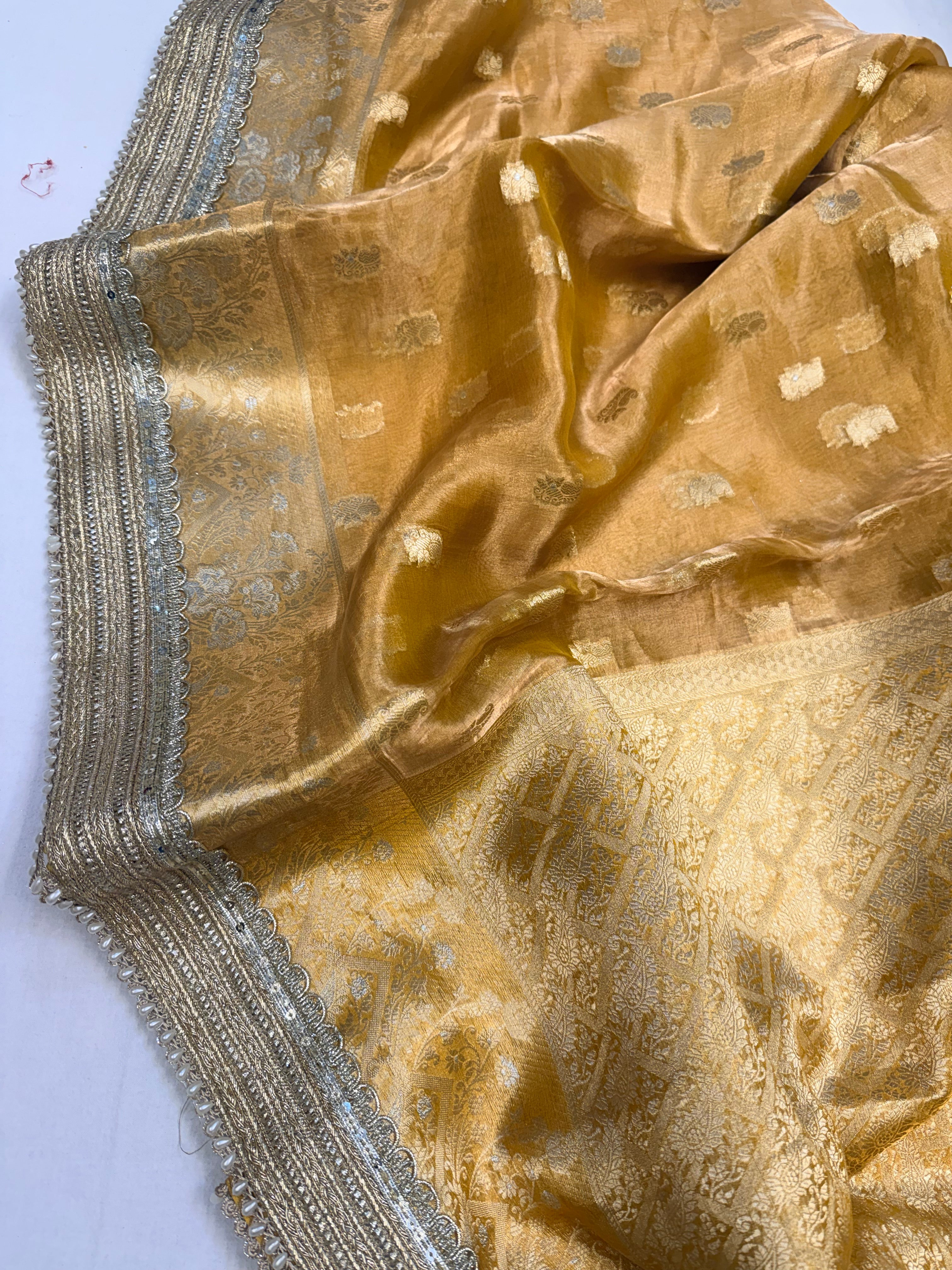 Haldi gold tissue silk kadhwa buti gotapatti saree