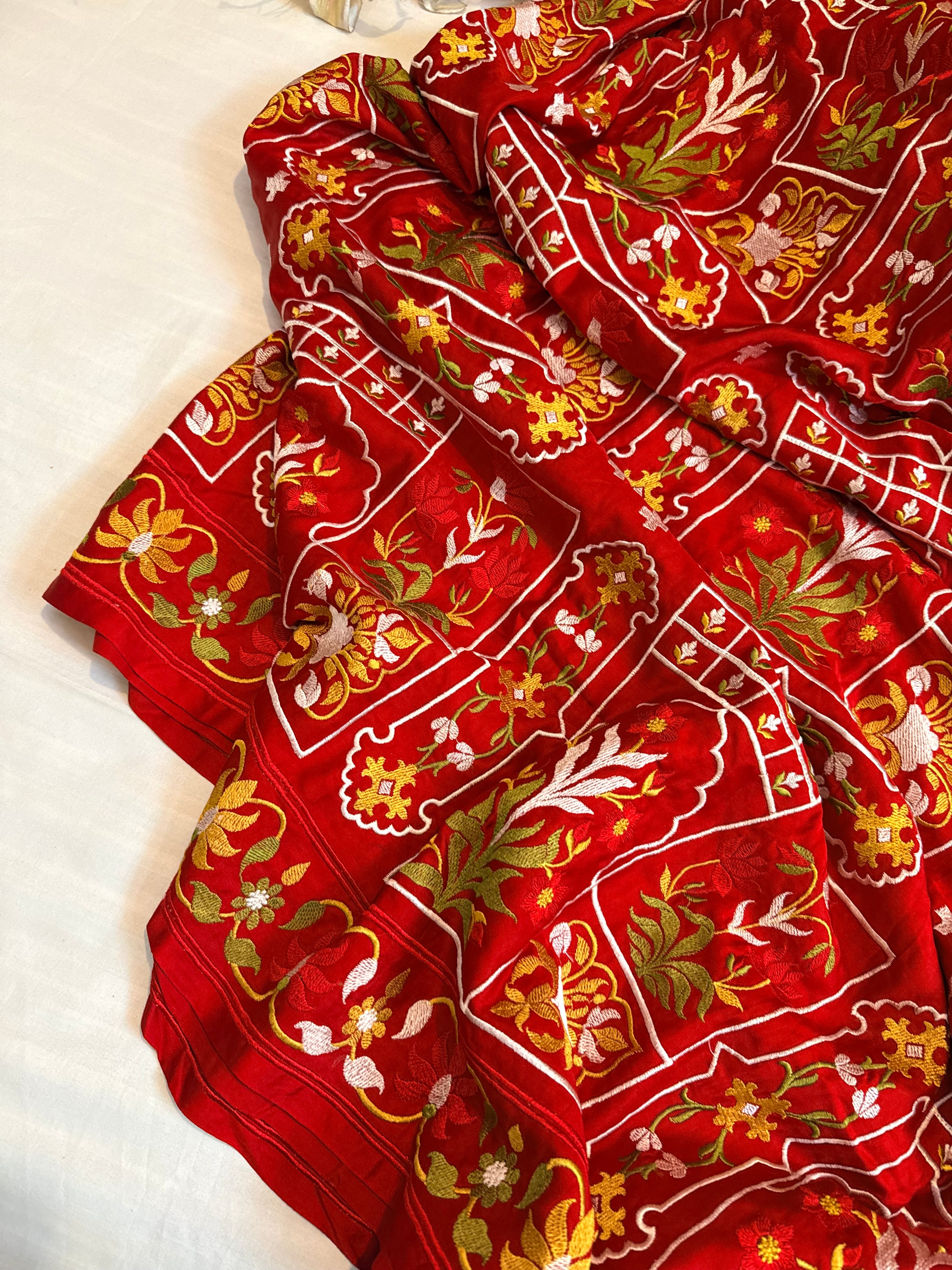 Jamdani hand embroidered red mashru silk thread embroidered saree