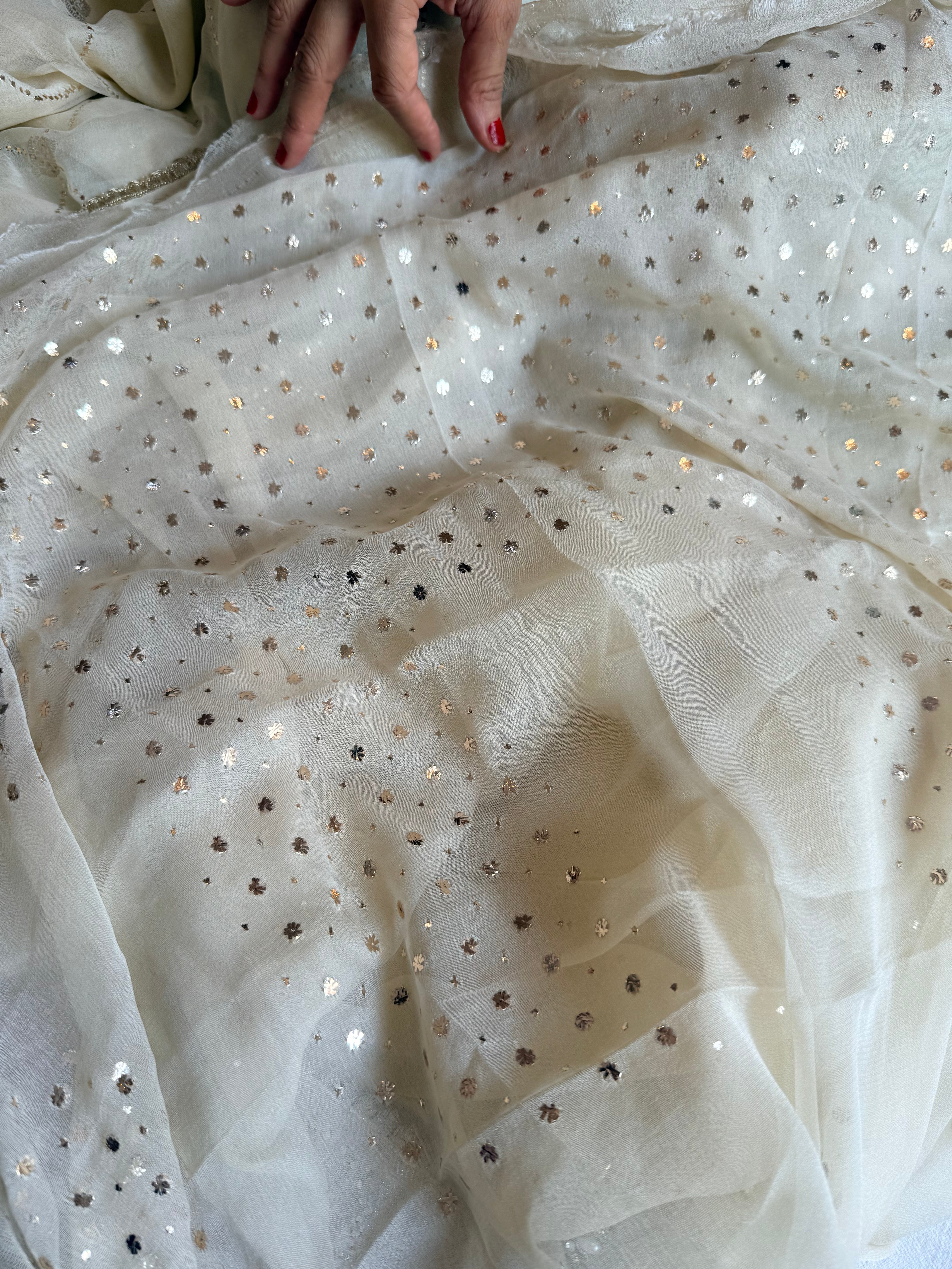 Chiffon gorgette banarasi champagne gold mukaish work hand embroidered saree