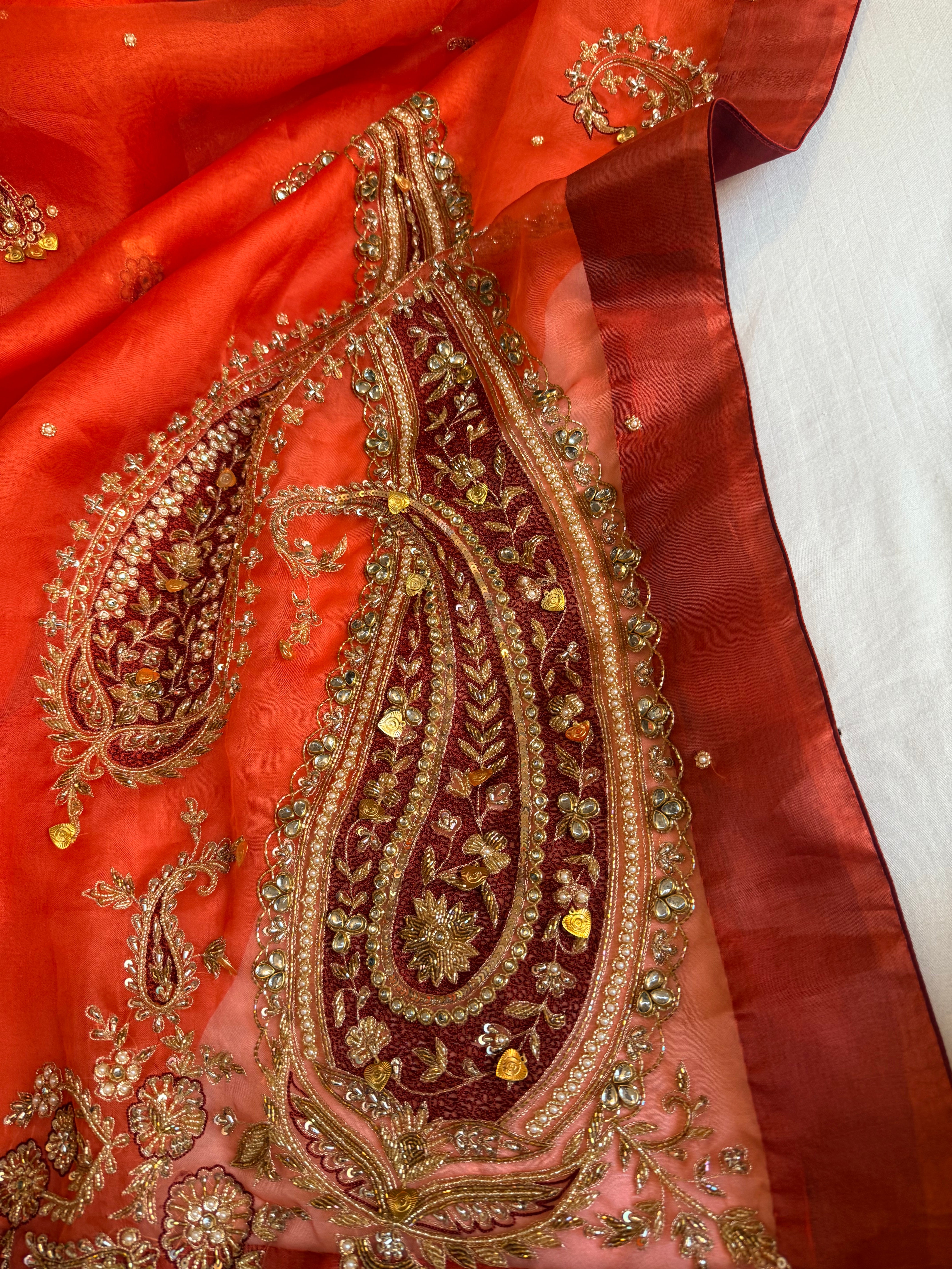 Traditional carry motif - Gajri and red combination kora silk hand embroidered saree
