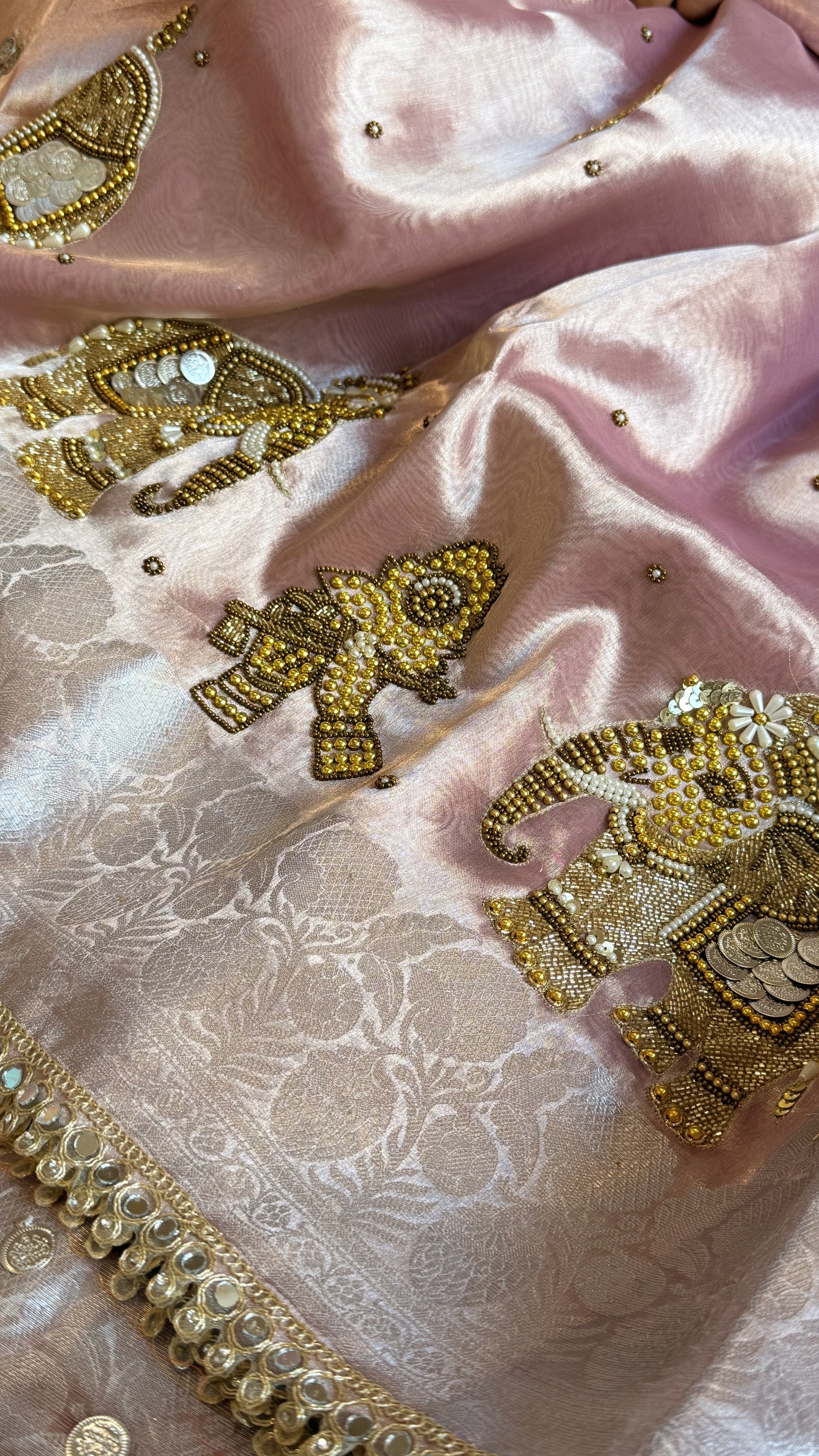 Gulabi jadau saree - Rosy pink tissue silk jadau work hand embroidered saree