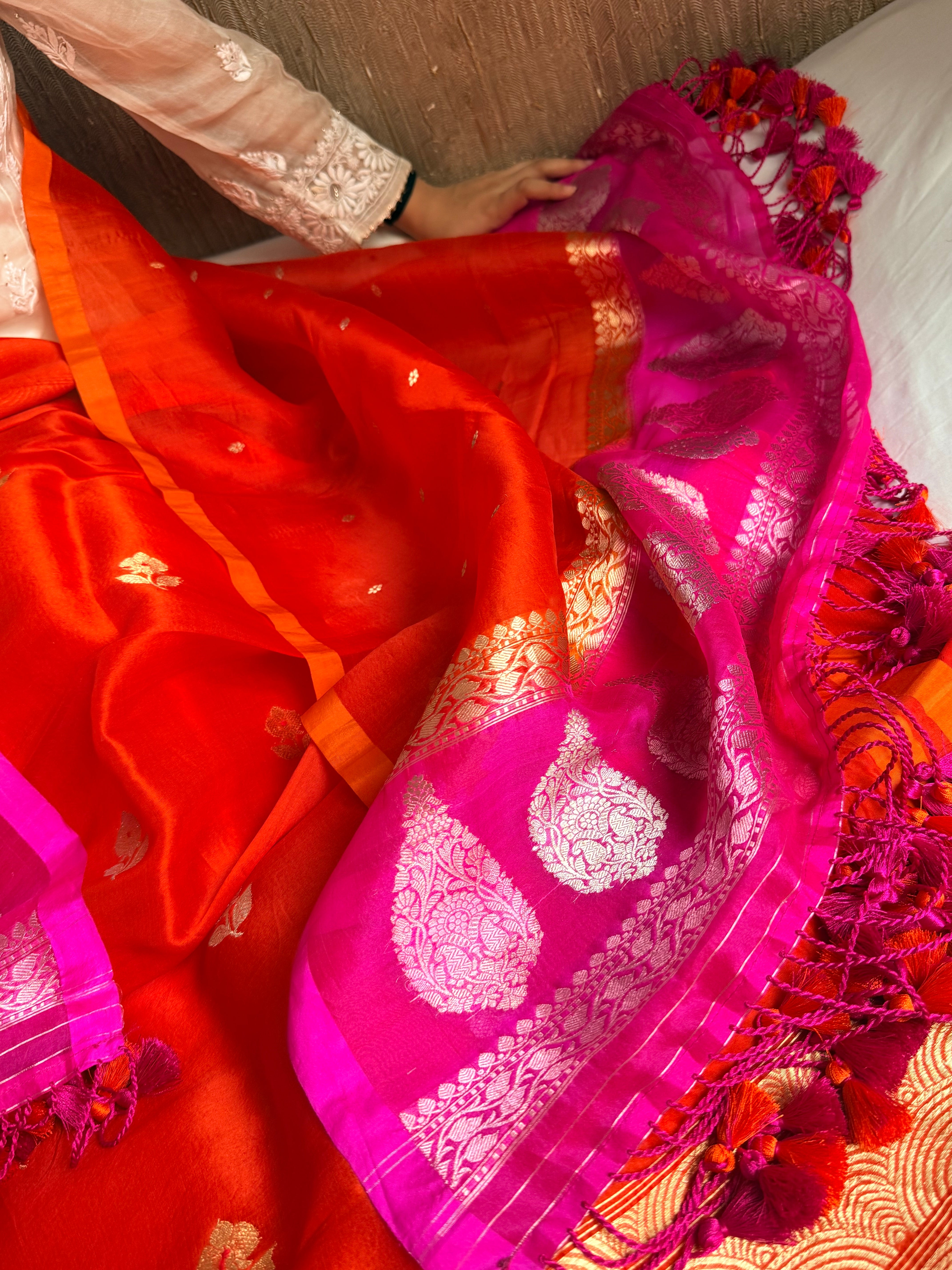 Red rani & orange shaded kora silk chal dye kadhwa banarasi suit set
