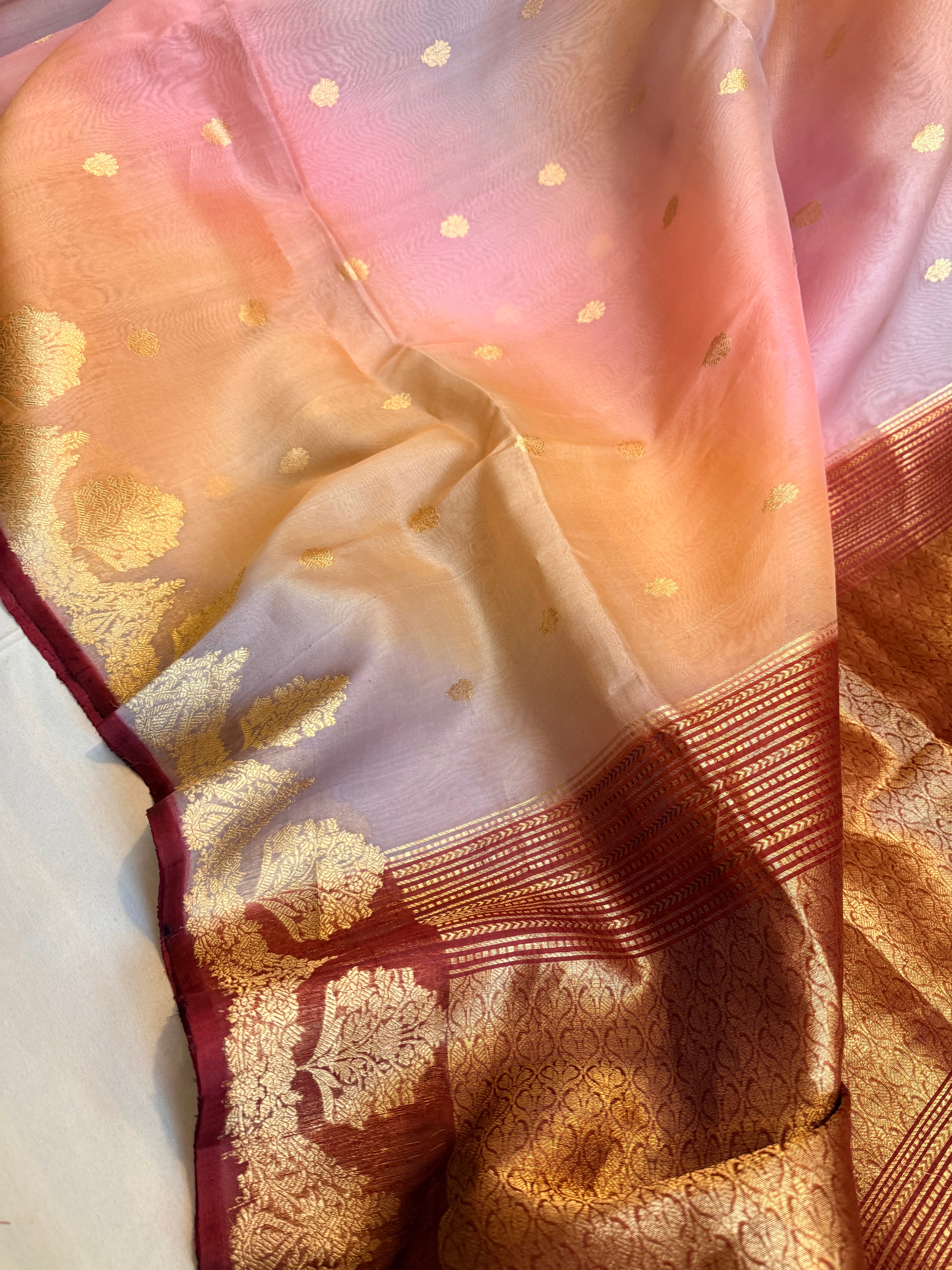 Kora silk shaded rainbow dyed kadhwa handloom saree