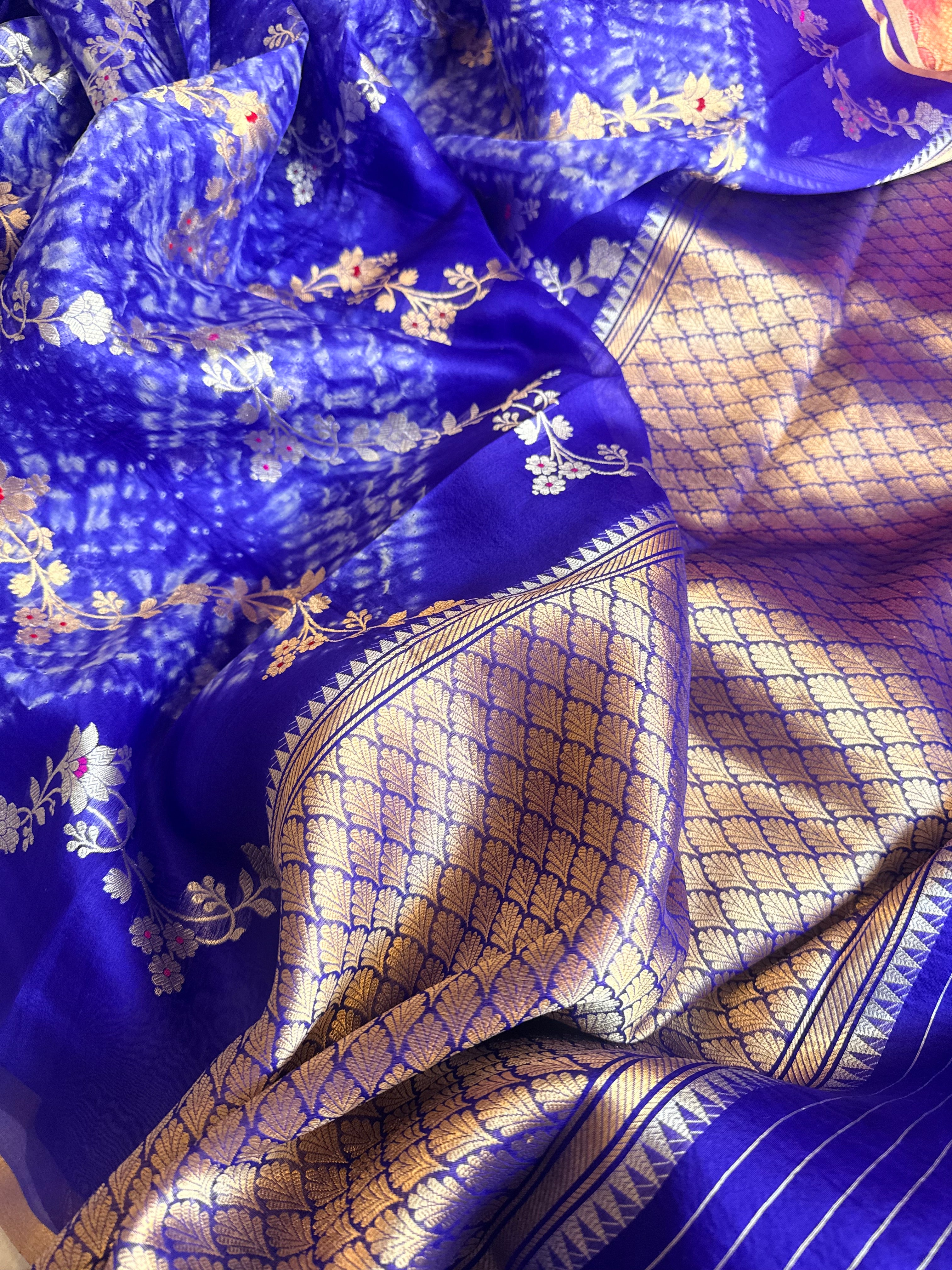 Shibori edit - Banarasi kora silk kadhwa buti shibori hand dyed saree