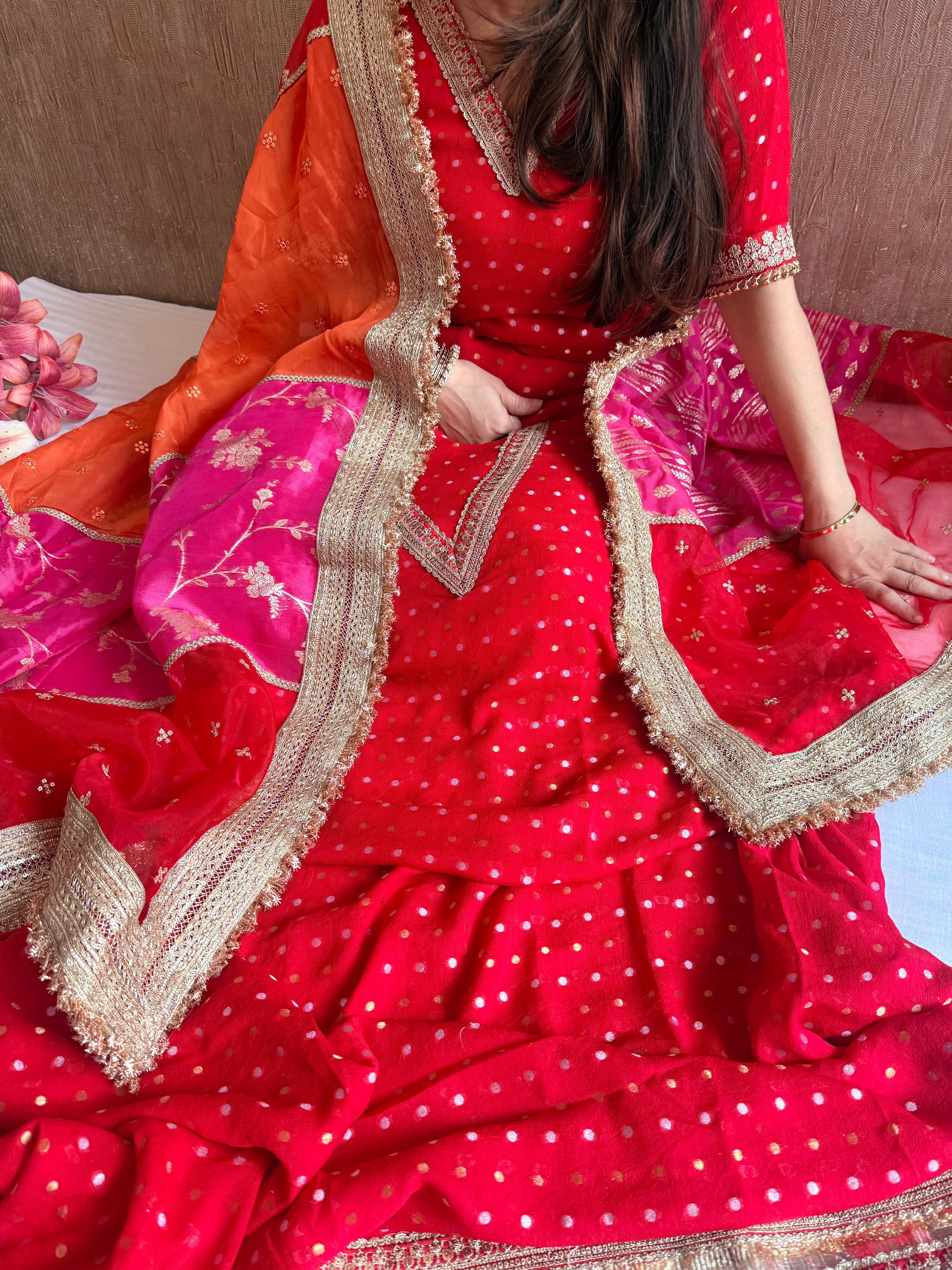 Teej & Karwachauth edit blood red chiffon gorgette hand embroidered multicolour duppata set