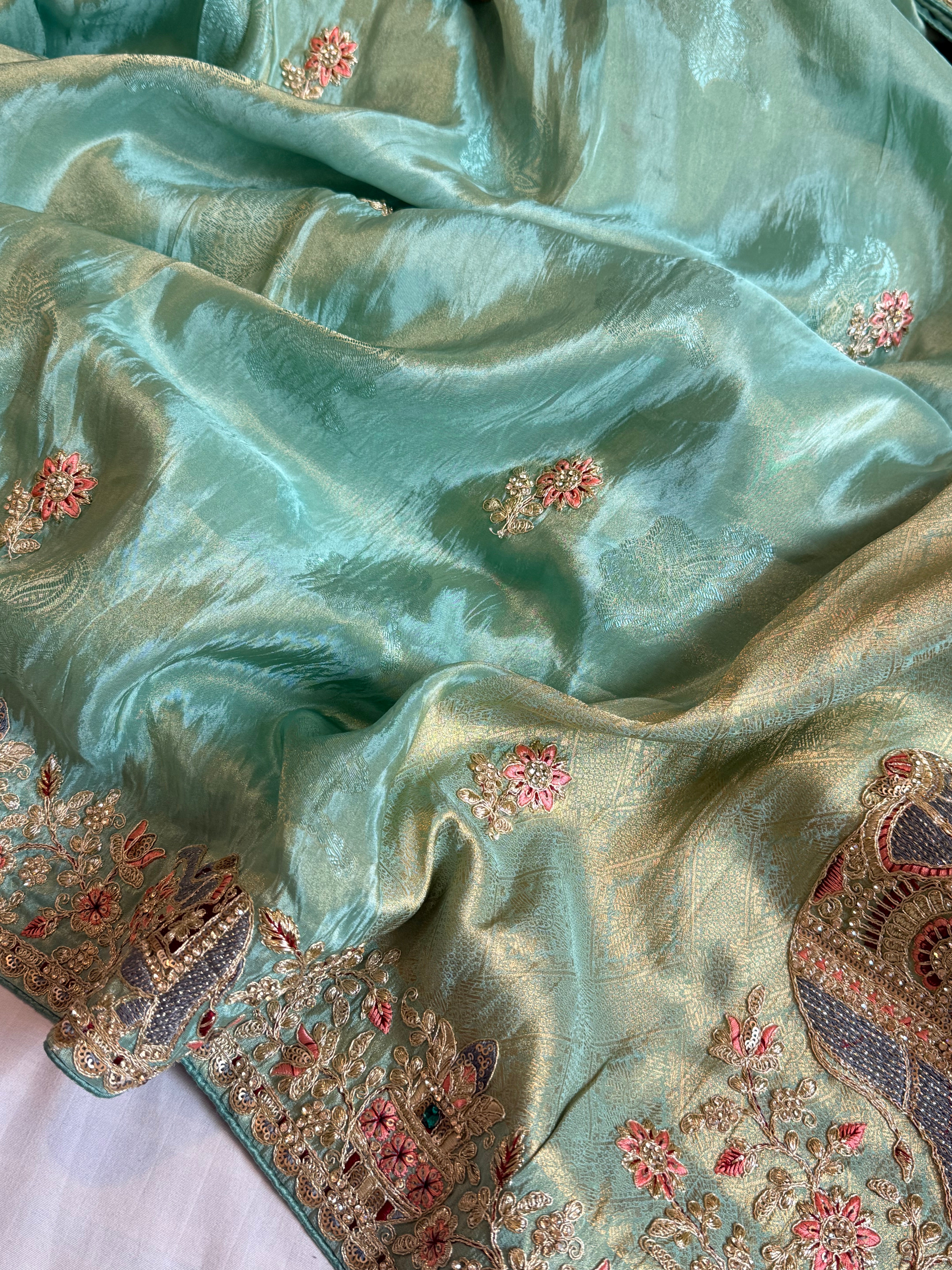 Sea blue hathi wali crepe tissue embroidered saree