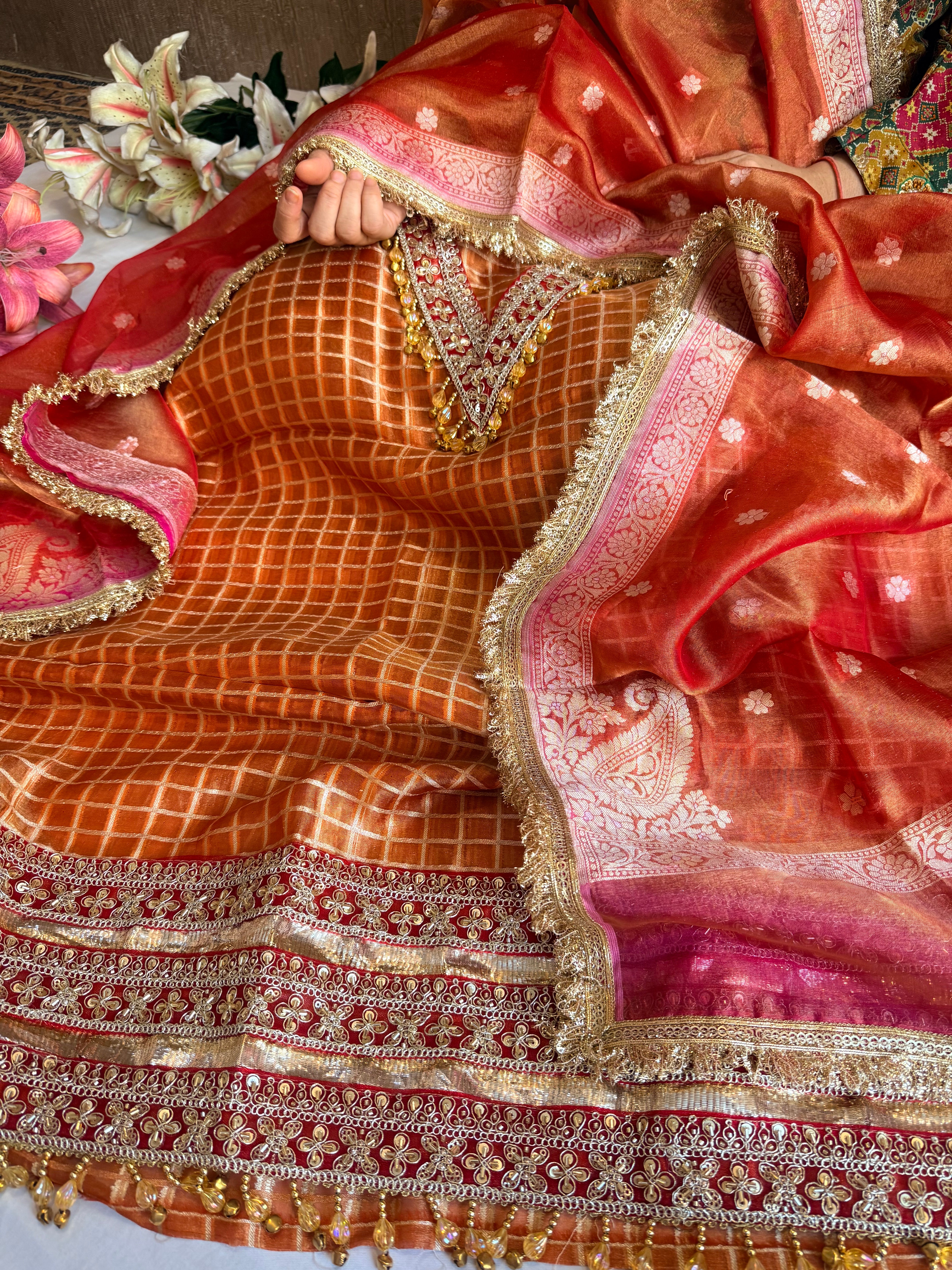 Banarasi tissue silk lampiwork chap dye hand embroidered embellished suit set