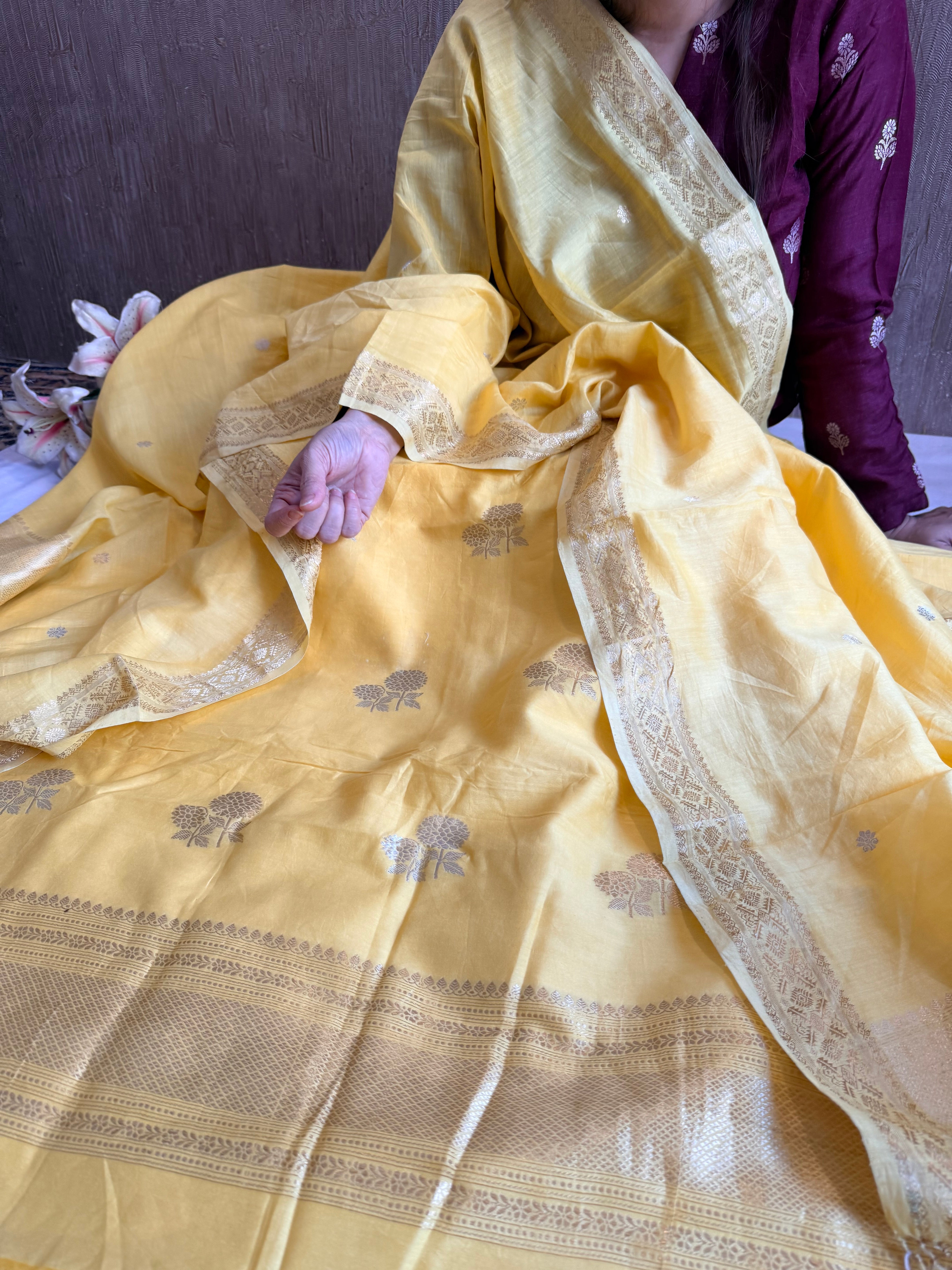 Mul cotton banarasi kadhwa buti butter yellow suit set