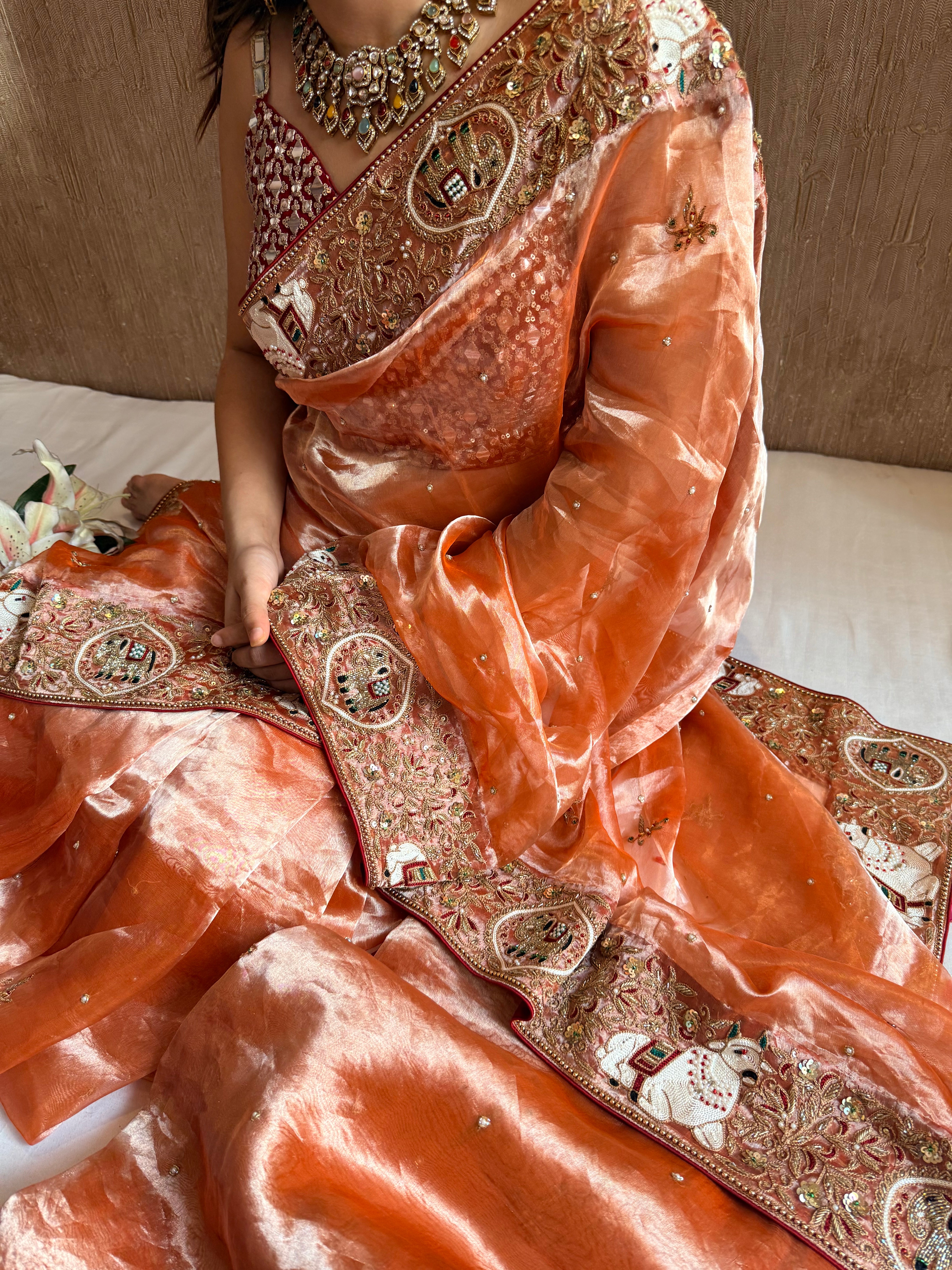 Chandramukhi edit - Fanta orange diamond tissue silk hand embroidered saree