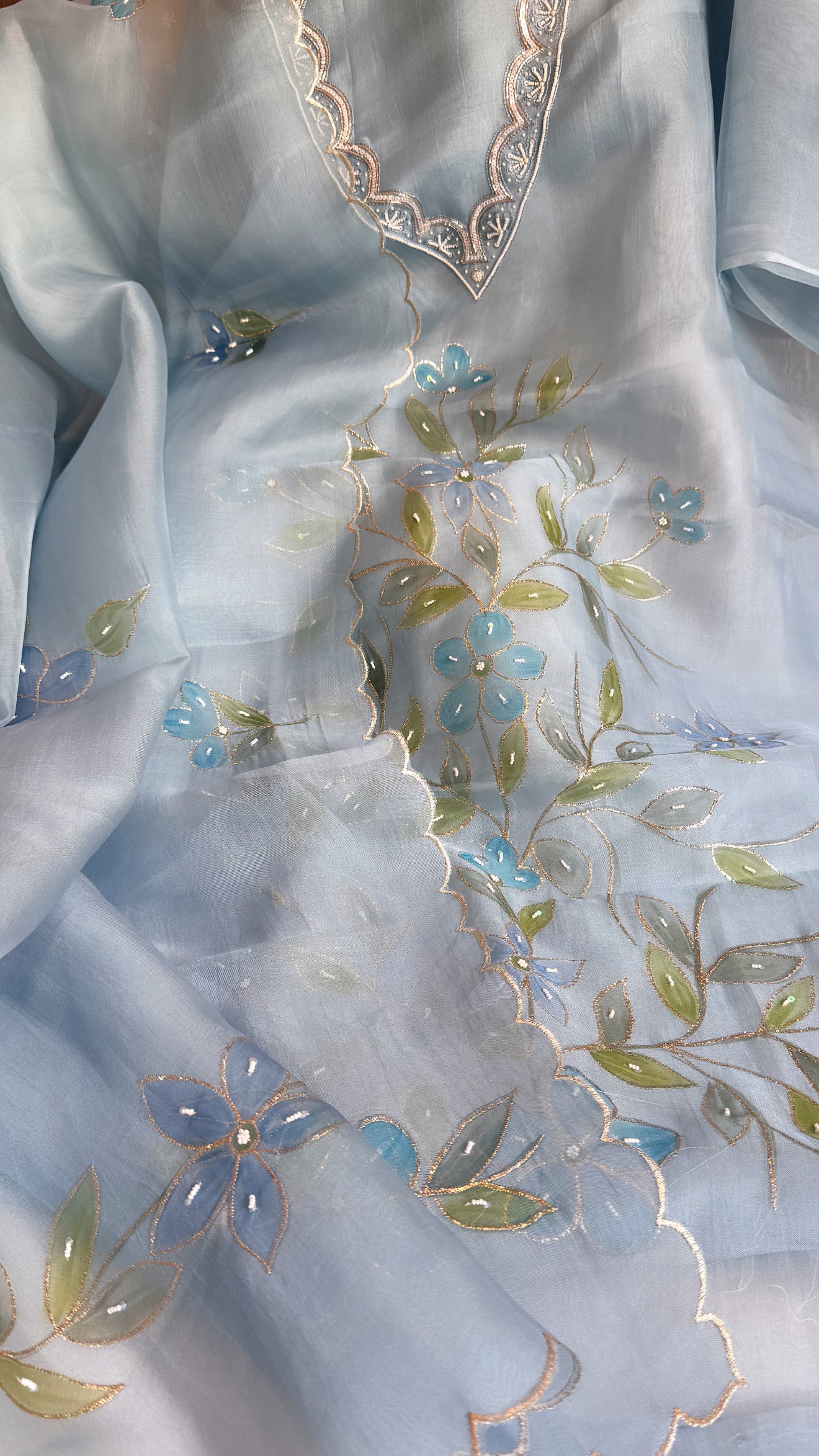 Baagicha edit - Banarasi kora silk handpainted floral hand embroidered suit set