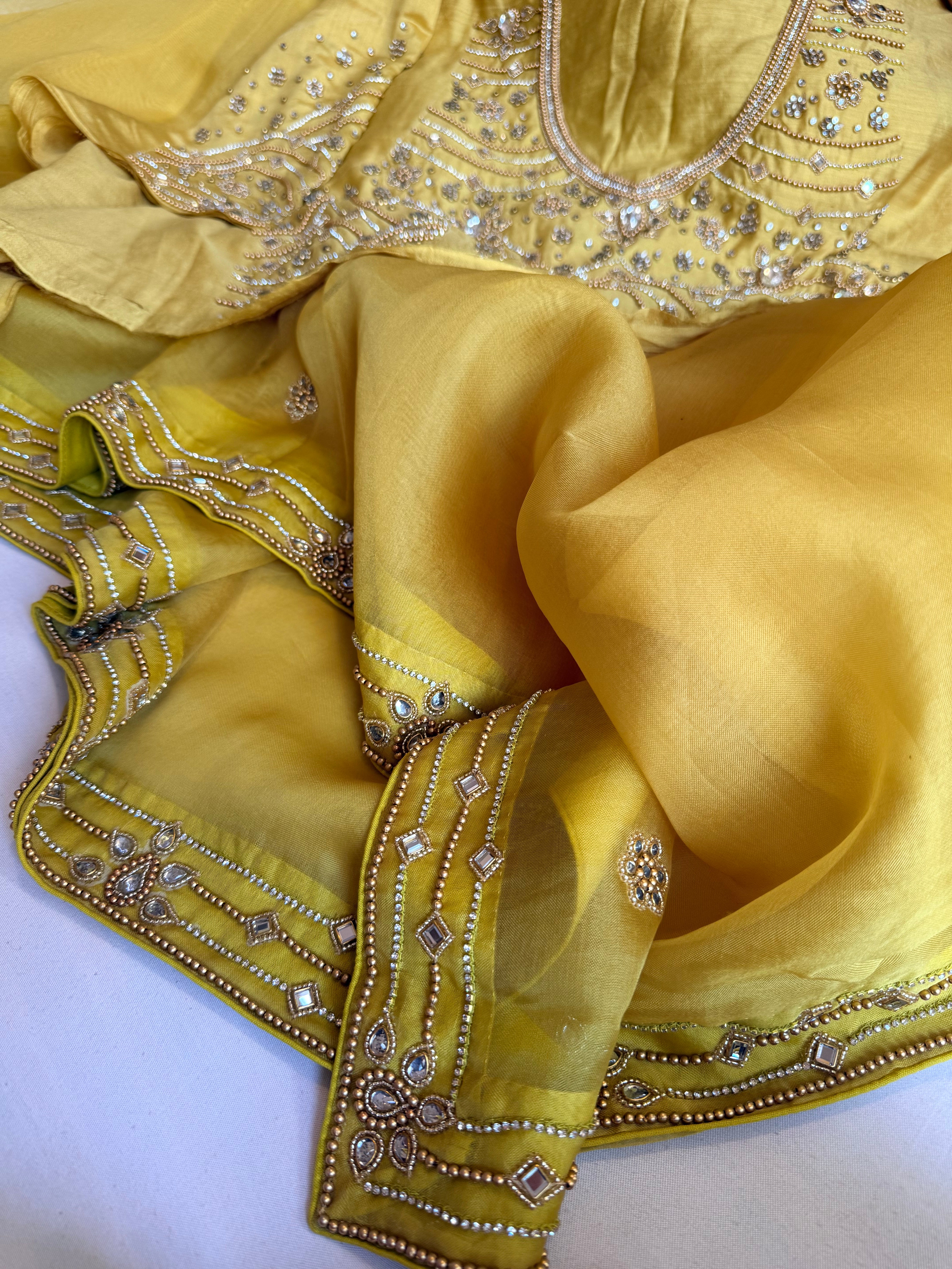 Banarasi lime green kora silk polki hand embroidered kadhwa saree