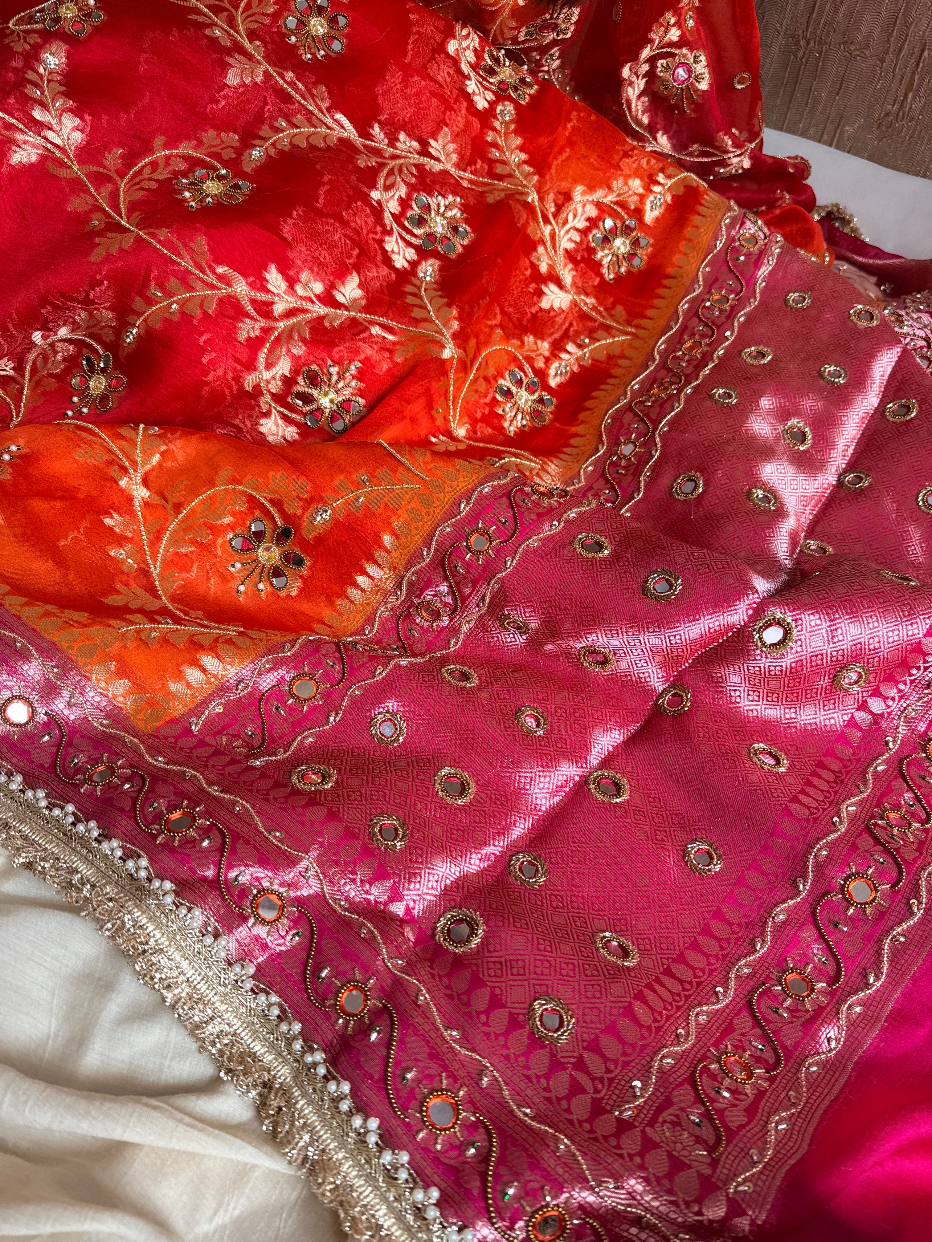Kumkum edit jaalwork kora silk ombre shaded kadhwa saree