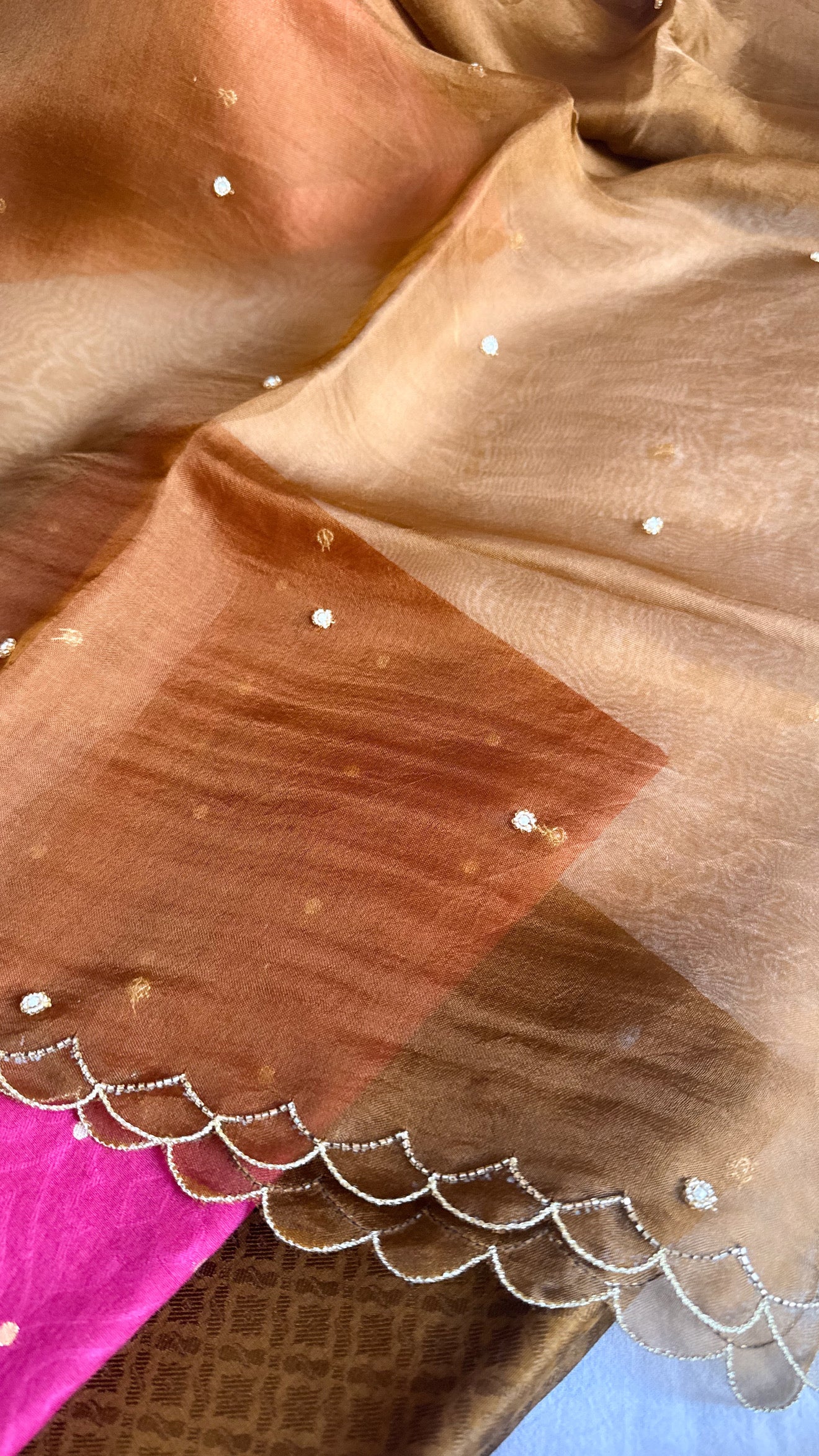 Summer suits under 8k - Mul cotton hot pink pink kurta paired with chocolate scalloped kora silk duppata