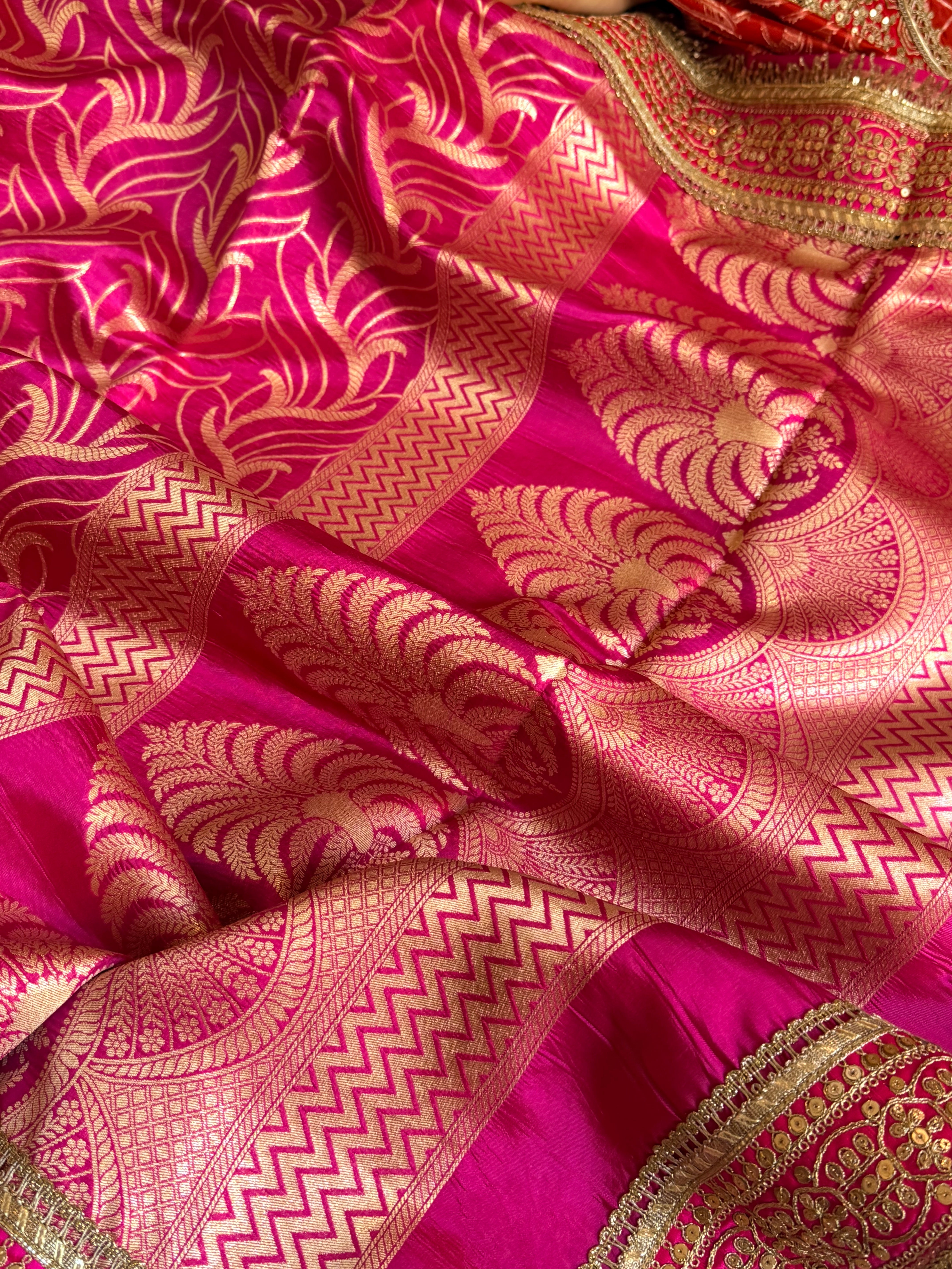 Hot pink raw mango silk abstract weaving kadhwa saree