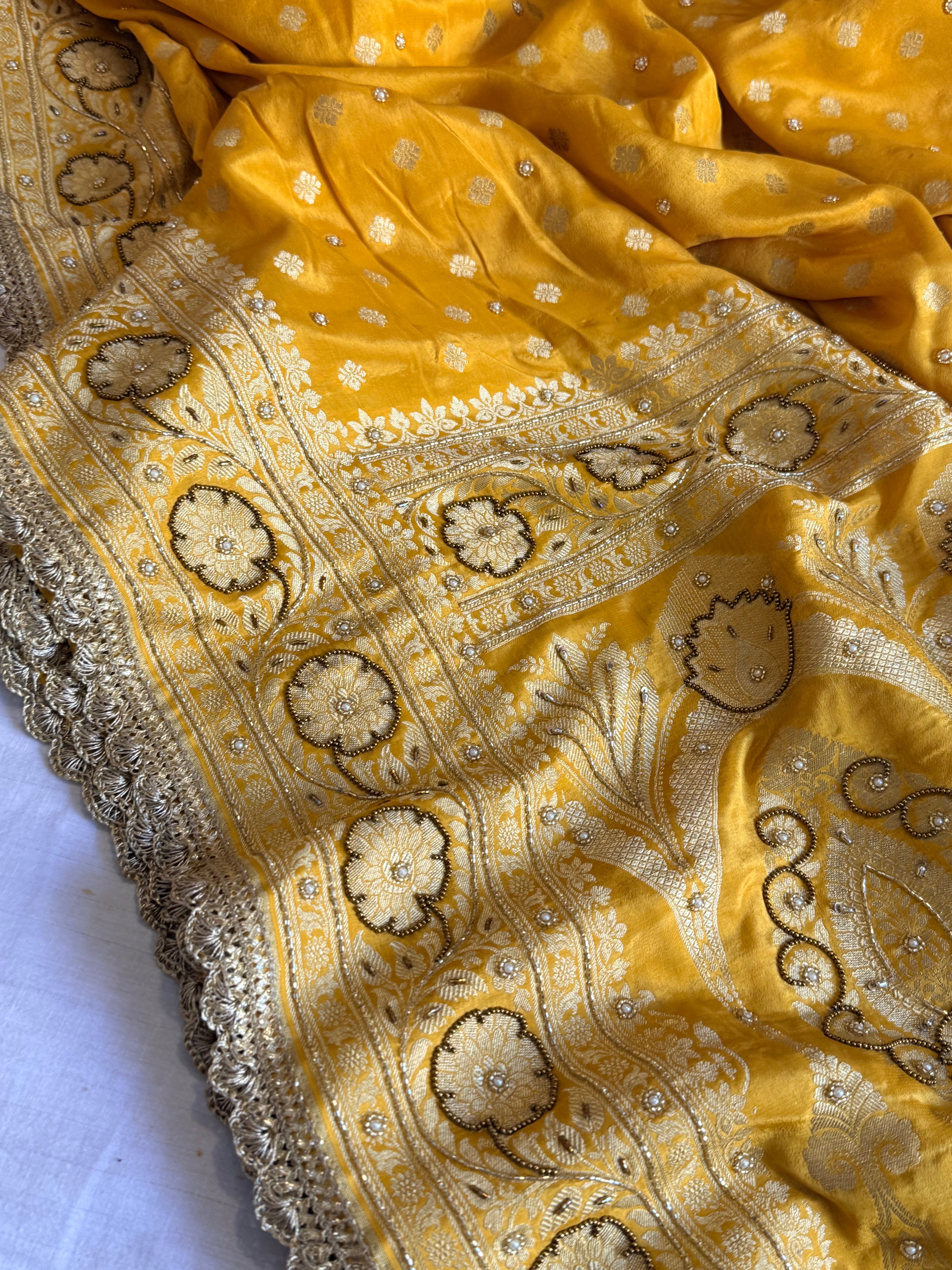 Banarasi haldi yellow chiffon gorgette kadhwa buti hand embroidered saree