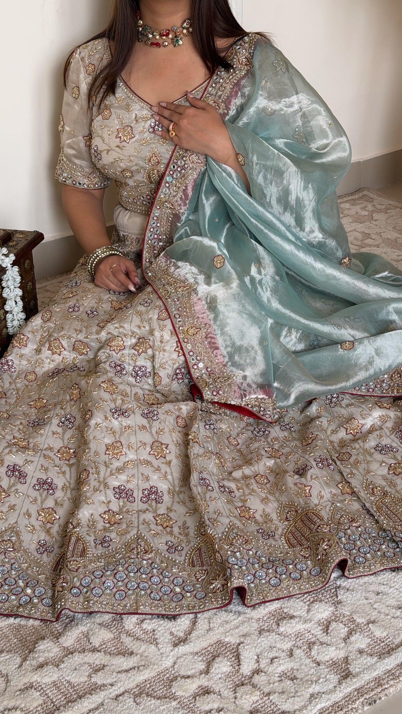 Rajwadi tissue silk mint-red lehenga set