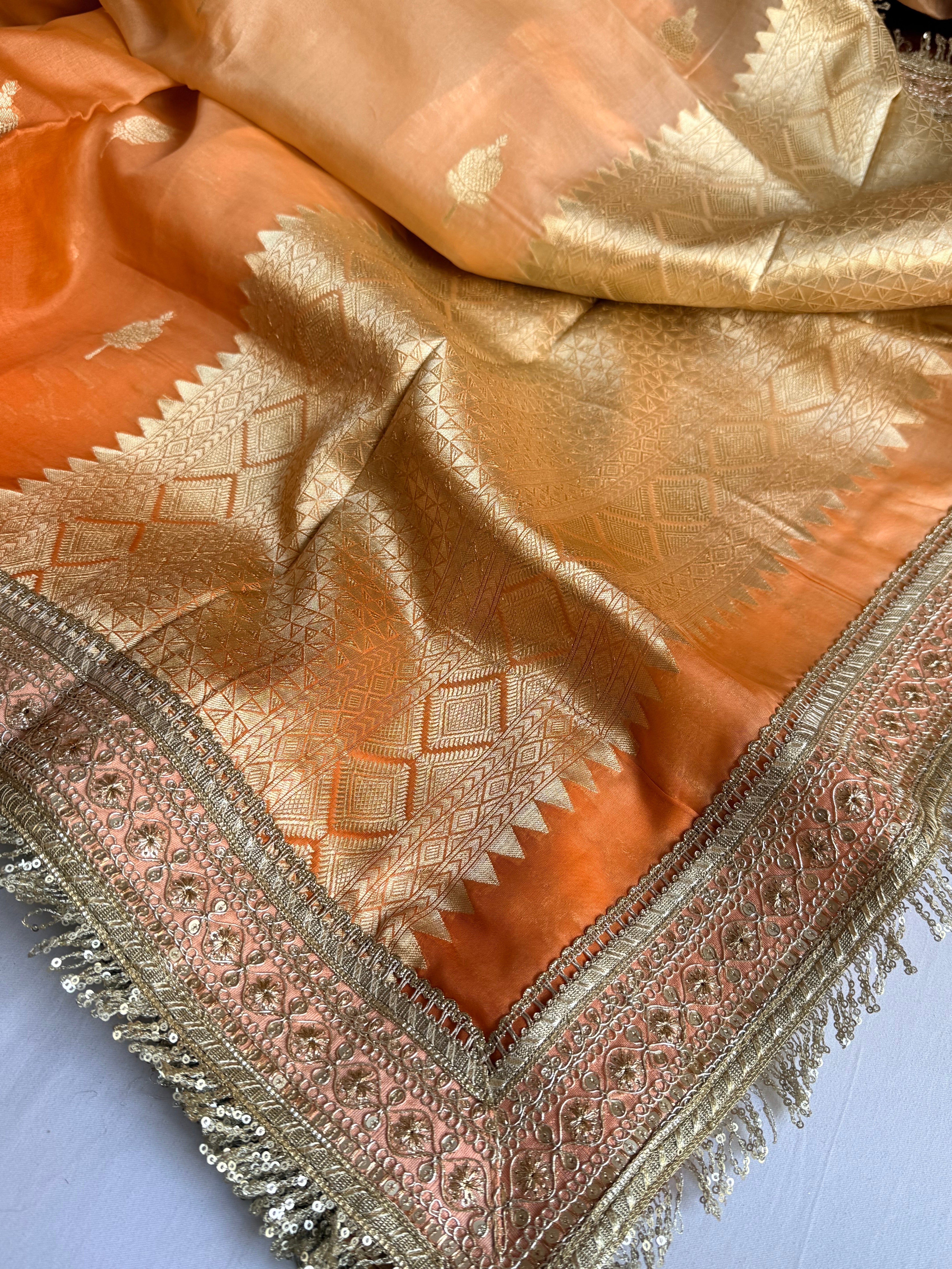 Banarasi leela ombre orange kora silk kadhwa saree