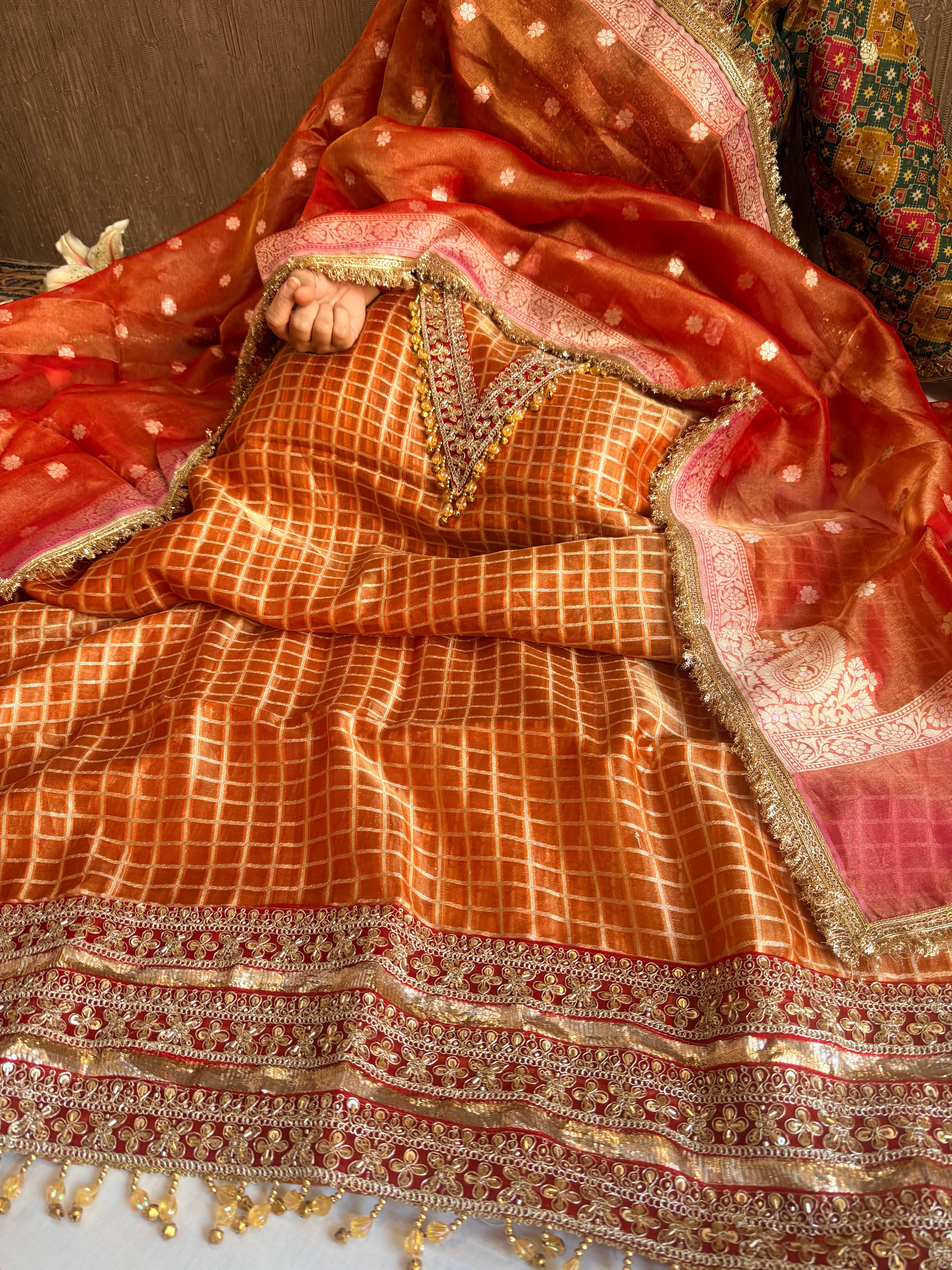 Banarasi tissue silk lampiwork chap dye hand embroidered embellished suit set