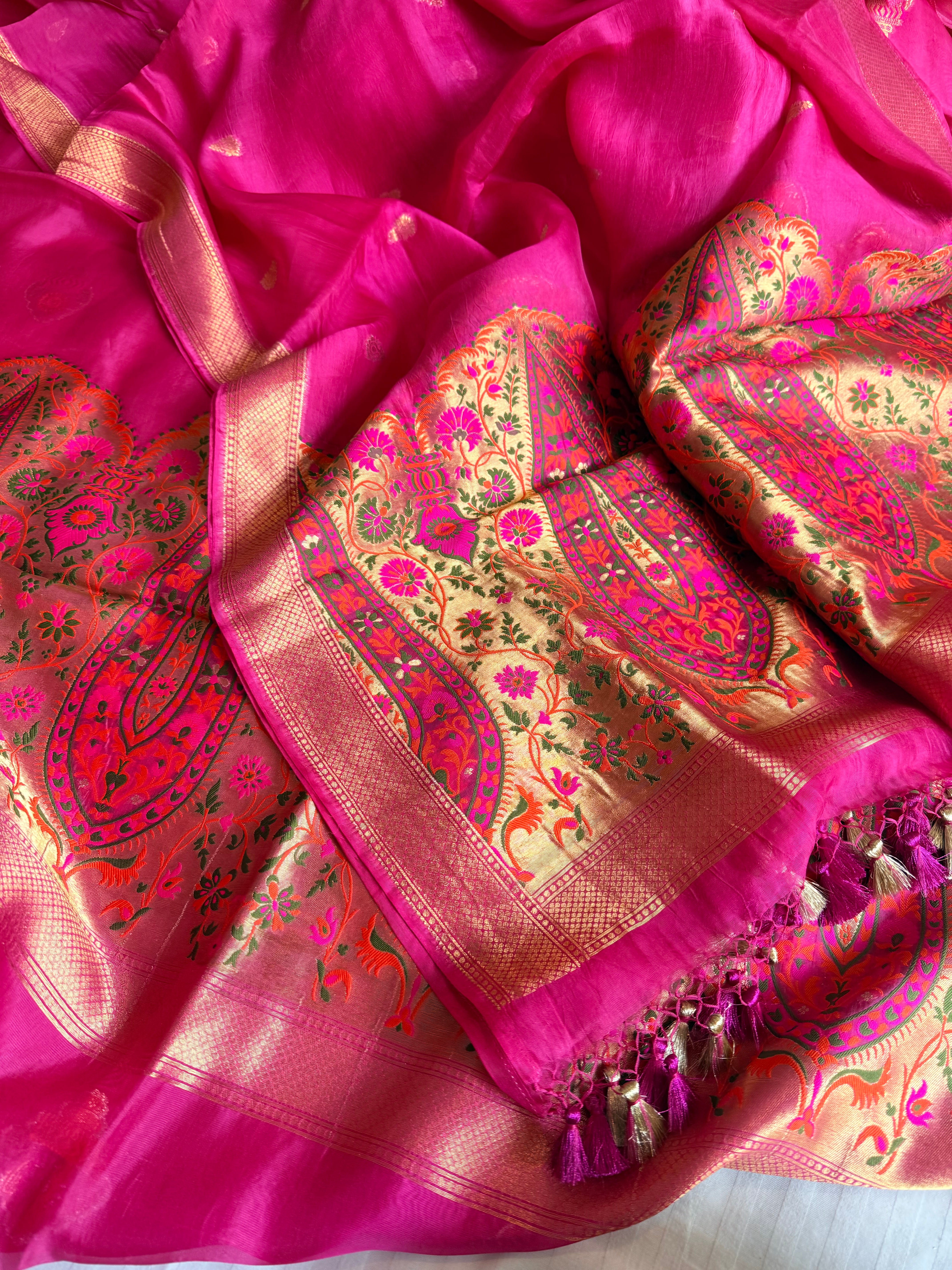 Butter silk banarasi hot pink meenakari kadhwa weaving suit set