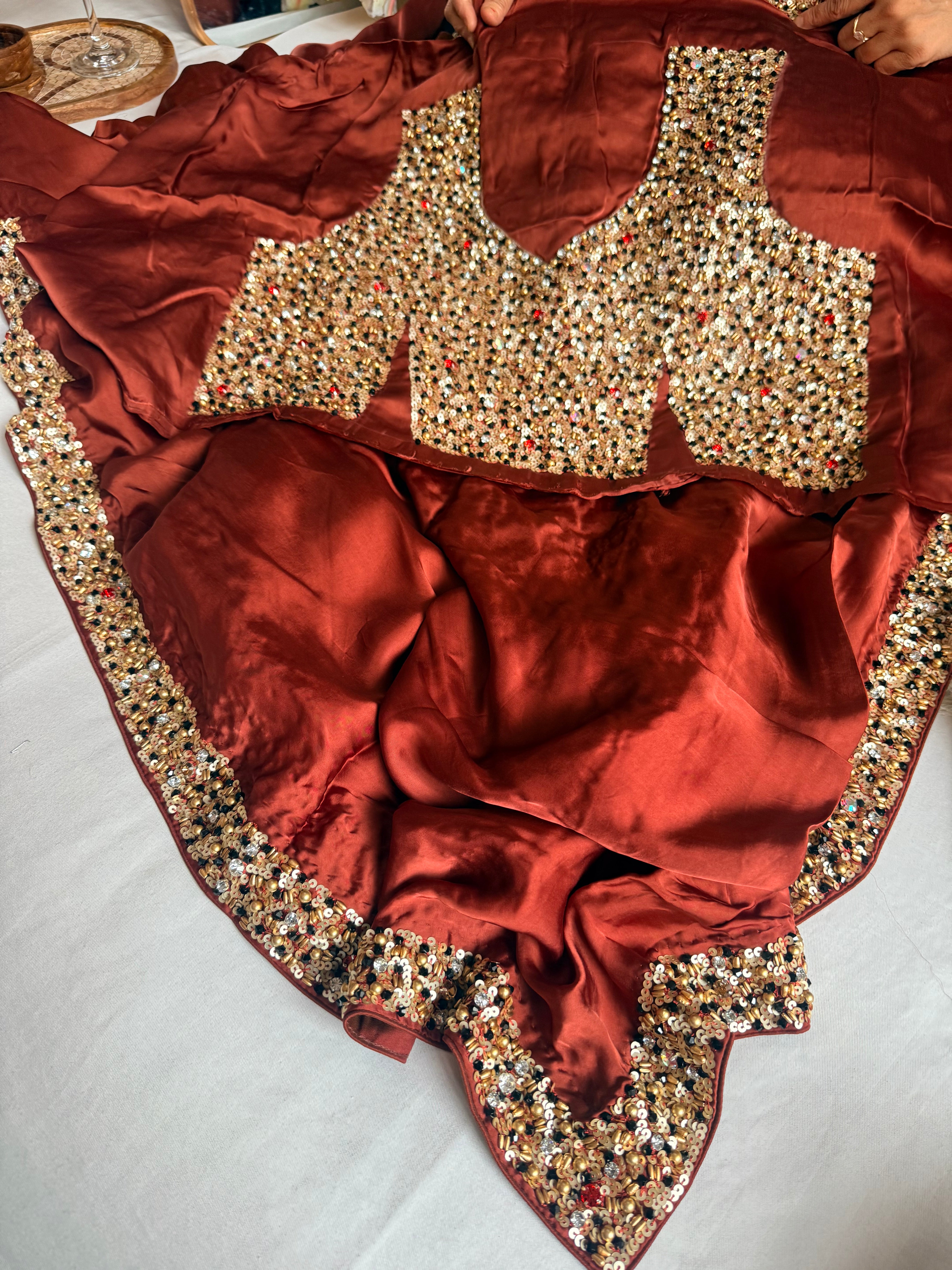 Mashru banarasi satin-sequin work hand embroidered cocktail edit saree