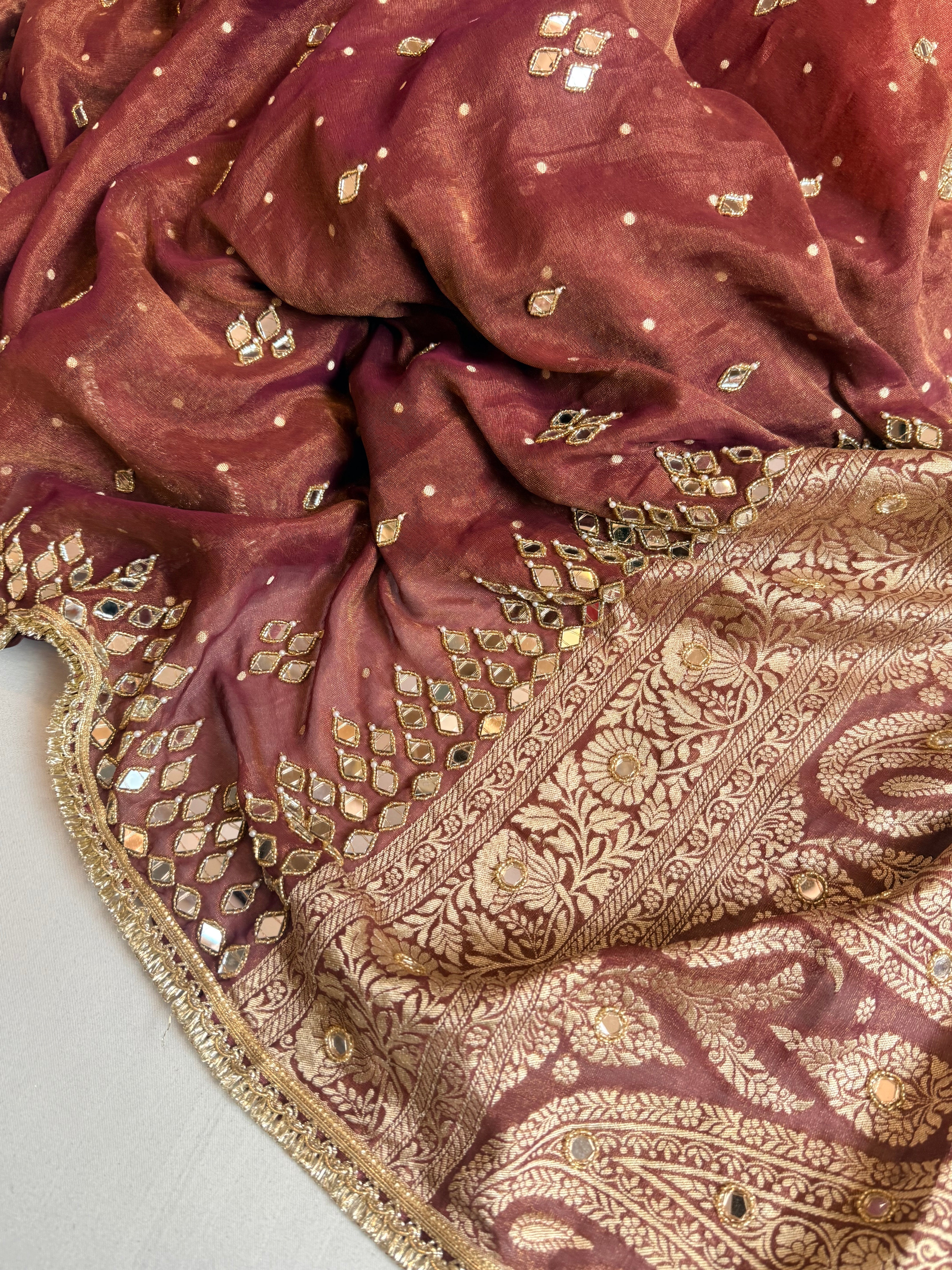 Choco brown tissue gorgette mirror work hand embroidered saree