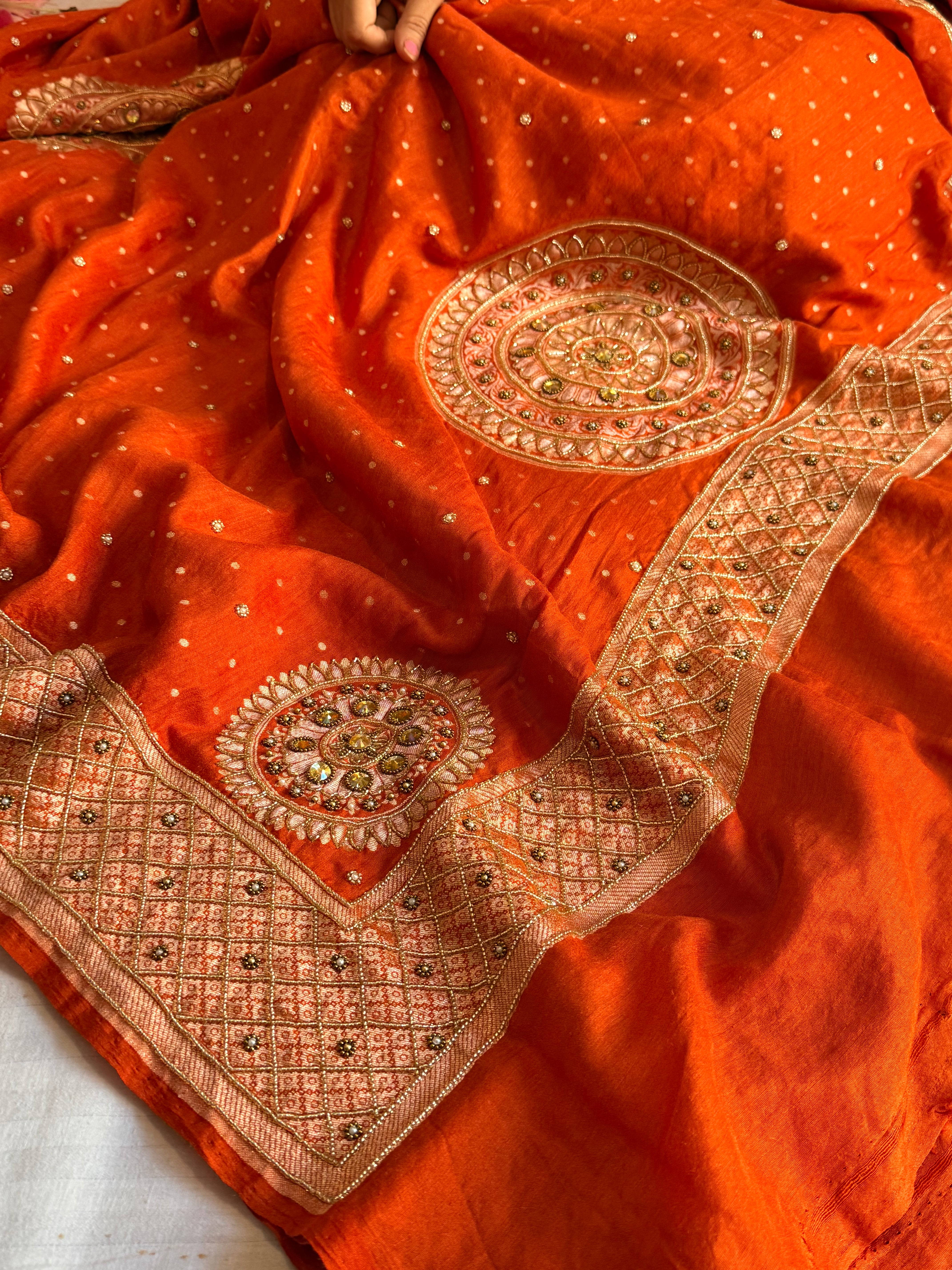 Banarasi fanta orange moonga silk hand embroidered kadhwa saree