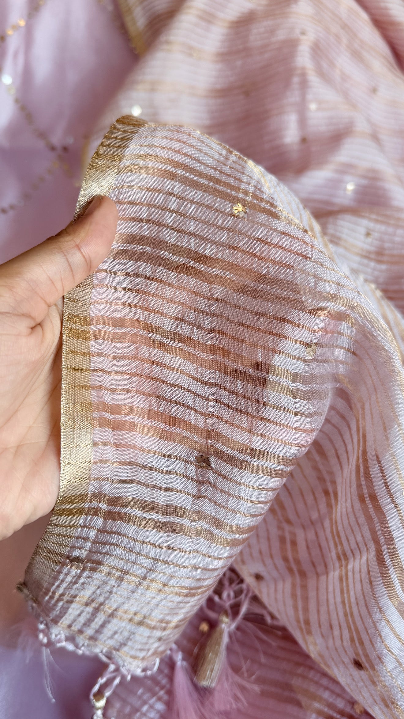Summer suit edit - Spun chiniya silk mukaish work blush pink hand embroidered suit set