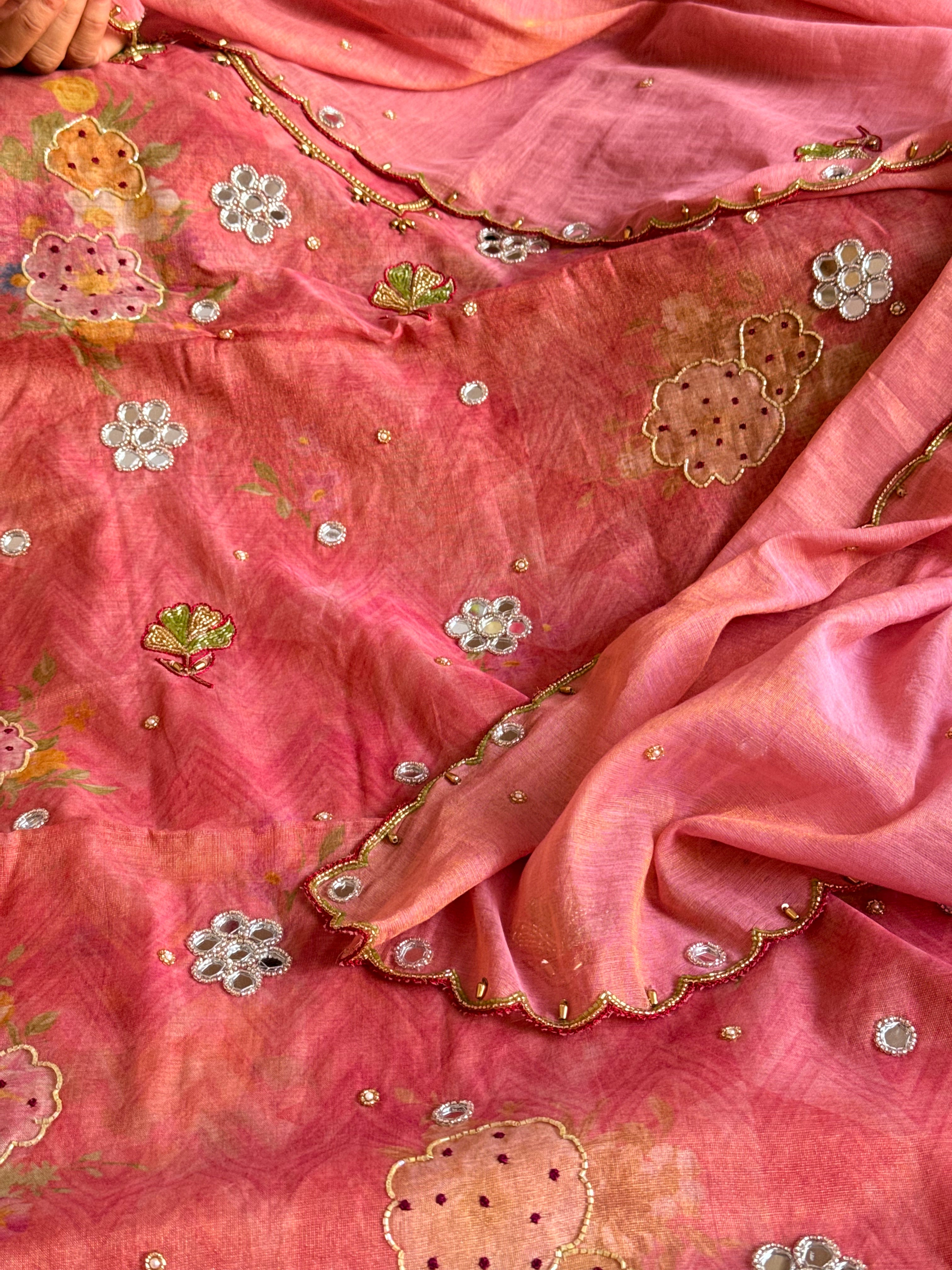 Patola weaving hand embroidered mul cotton tissue suit sets