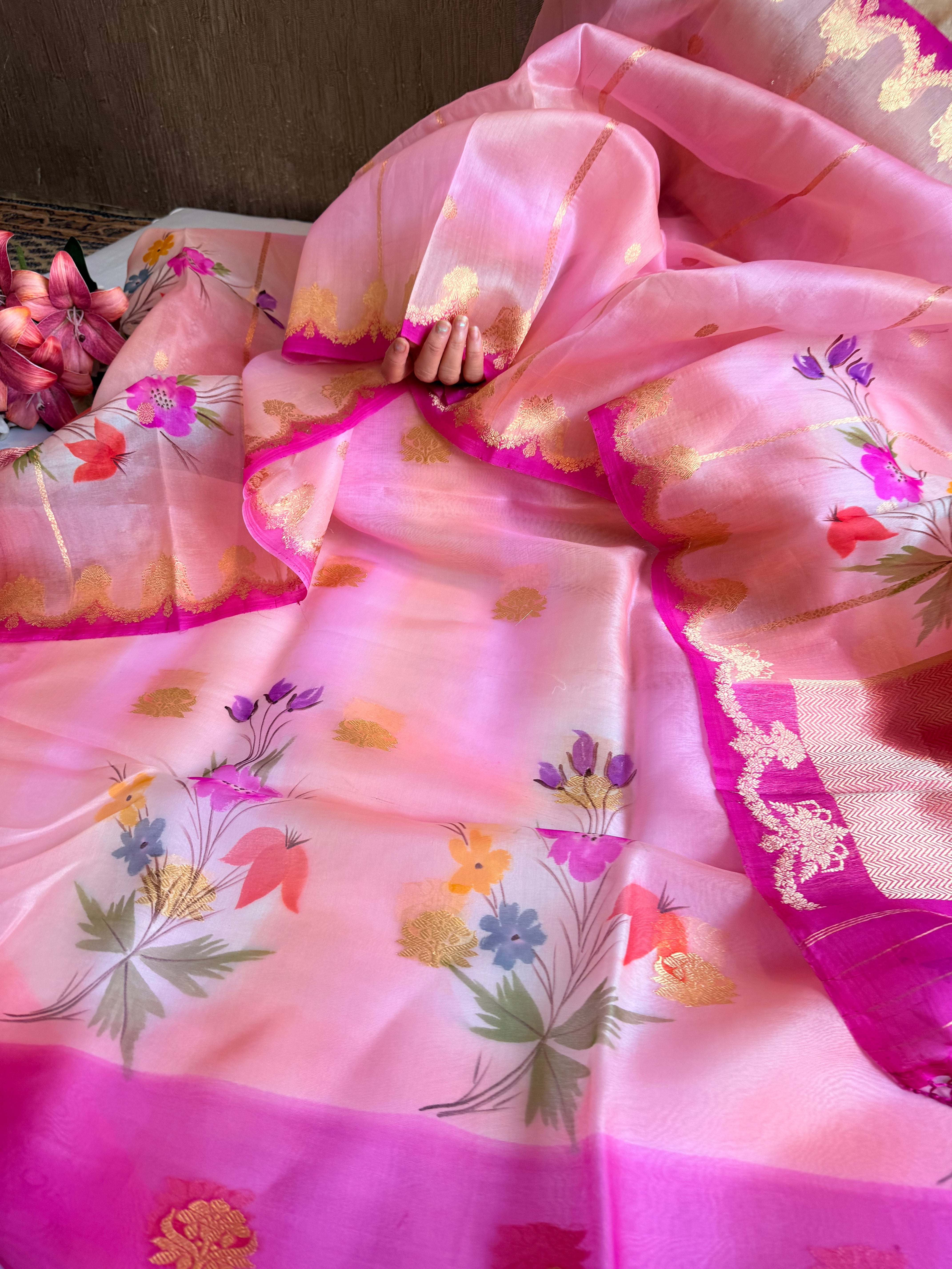 Rainbow dyed kora silk handpainted brush dyed banarasi suit sets