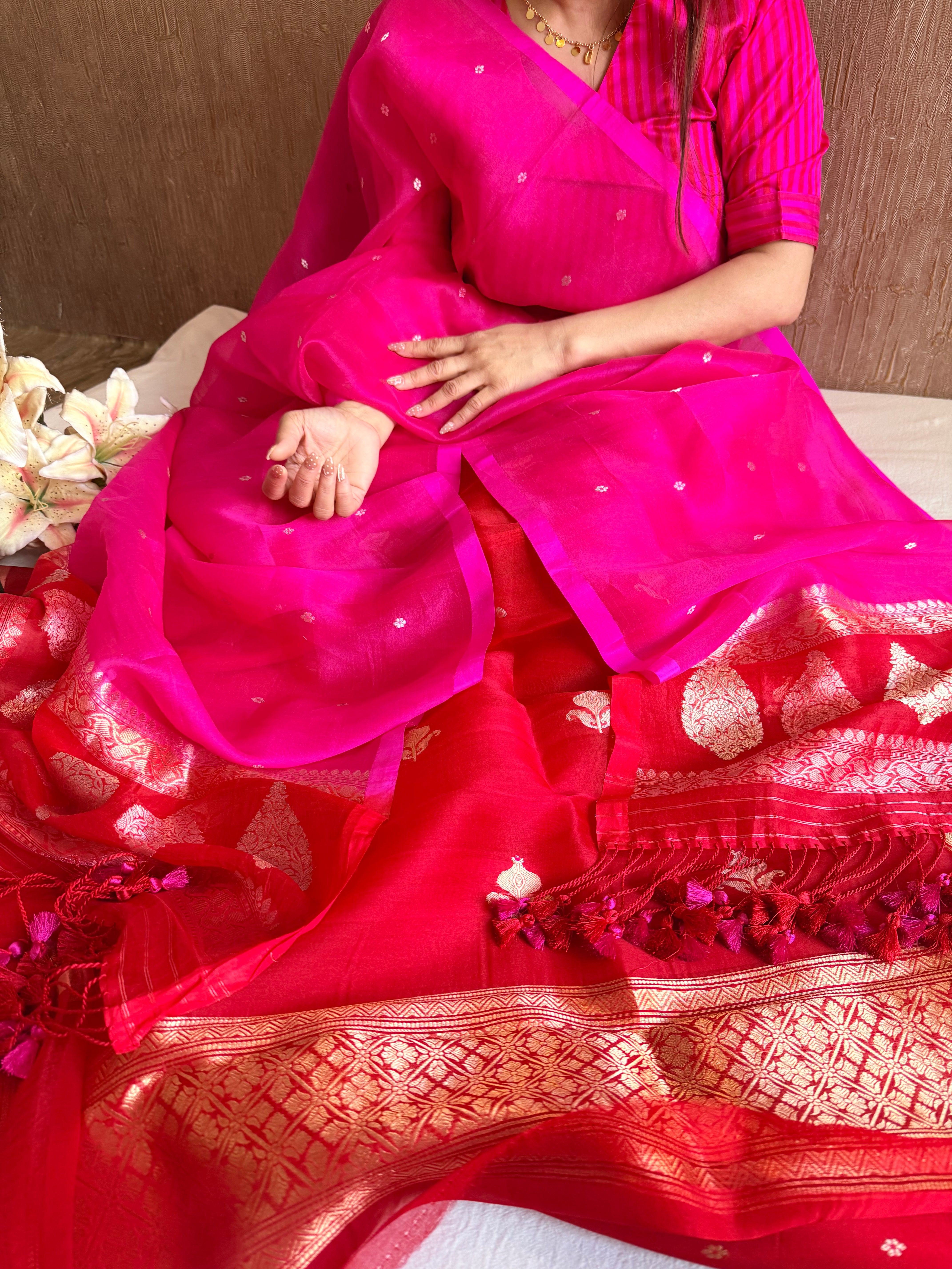 Red rani & orange shaded kora silk chal dye kadhwa banarasi suit set