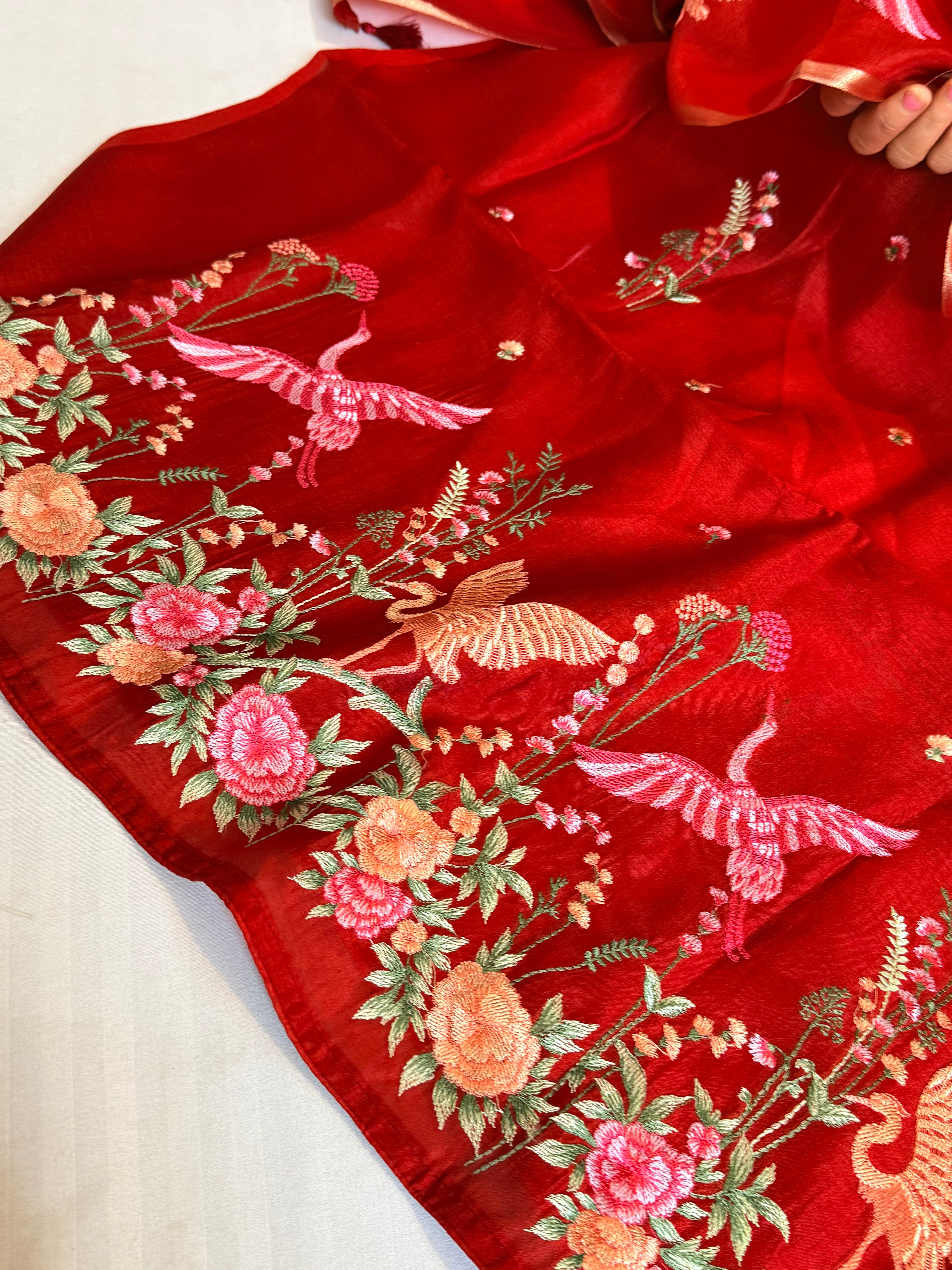 BELOW 8K - Parsi gara blood red resham work banarasi chiniya silk kadhwa suit sets