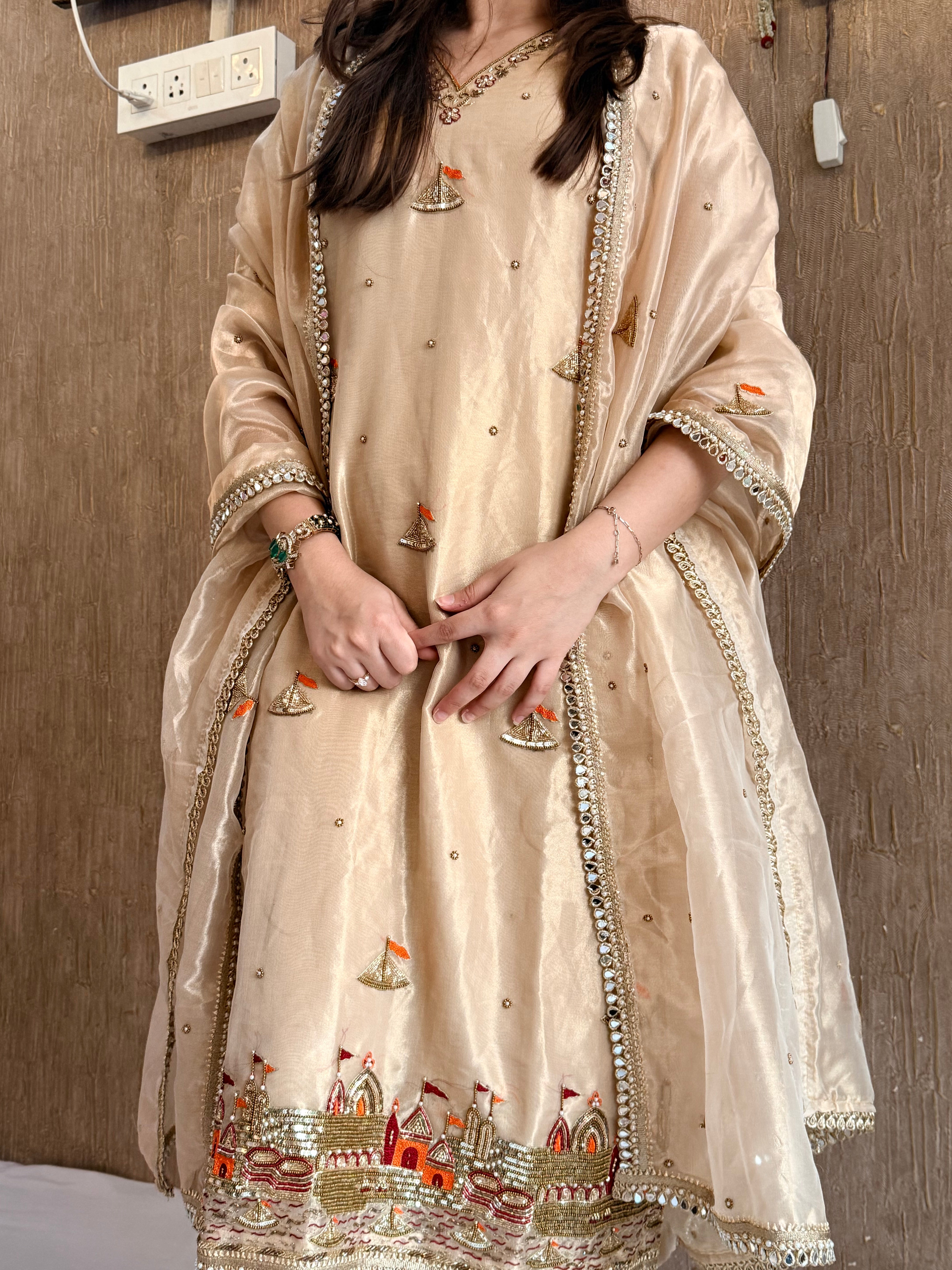 Gangaghat molten gold tissue silk hand embroidered suit set (STITCHED - S TO L )