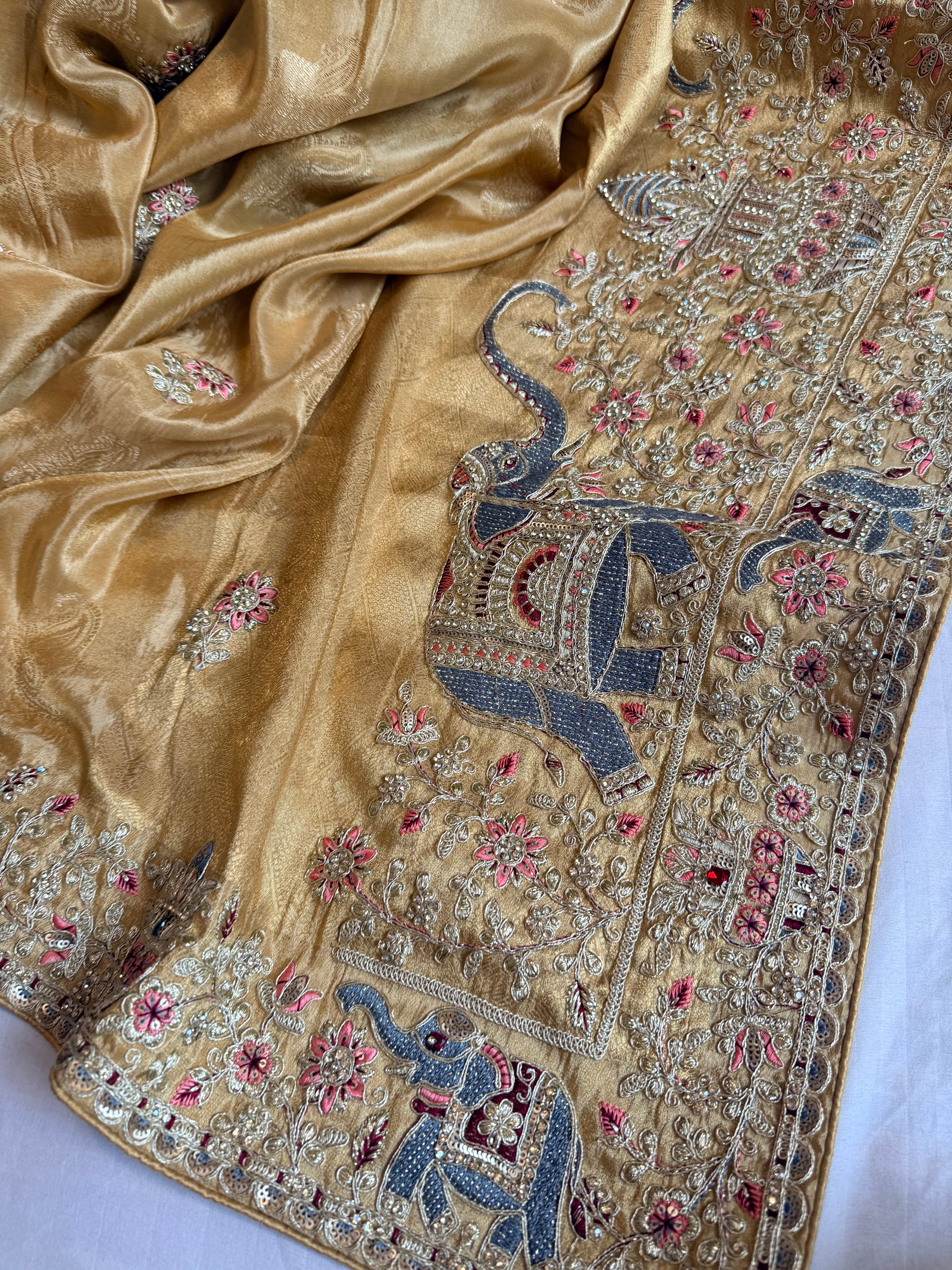 Butter gold hathi wali crepe tissue silk embroidered saree